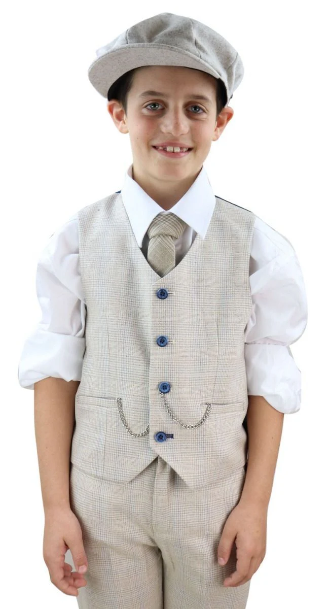 Boys 3 Piece Cream Herringbone Tweed Check Classic Suit - Image 4