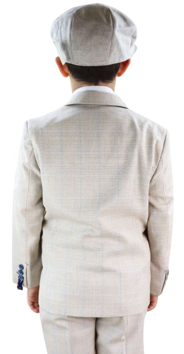 Boys 3 Piece Cream Herringbone Tweed Check Classic Suit - Image 5