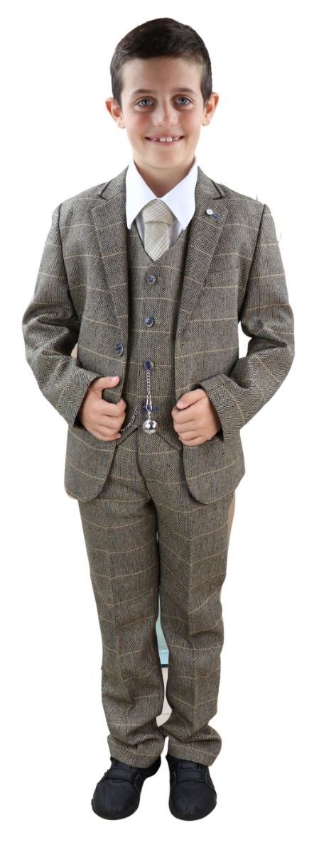 Boys 3 Piece Tan Brown Herringbone Tweed Check Classic Suit - Image 2