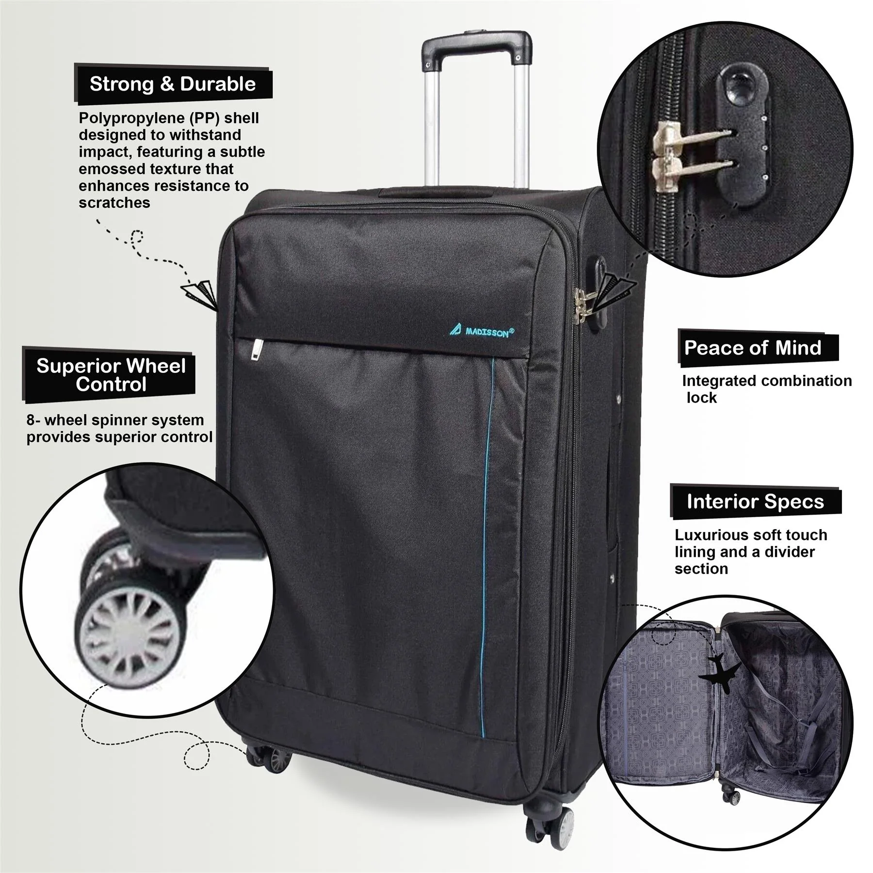 Carrollton Large Soft Shell Suitcase in Black - Image 3