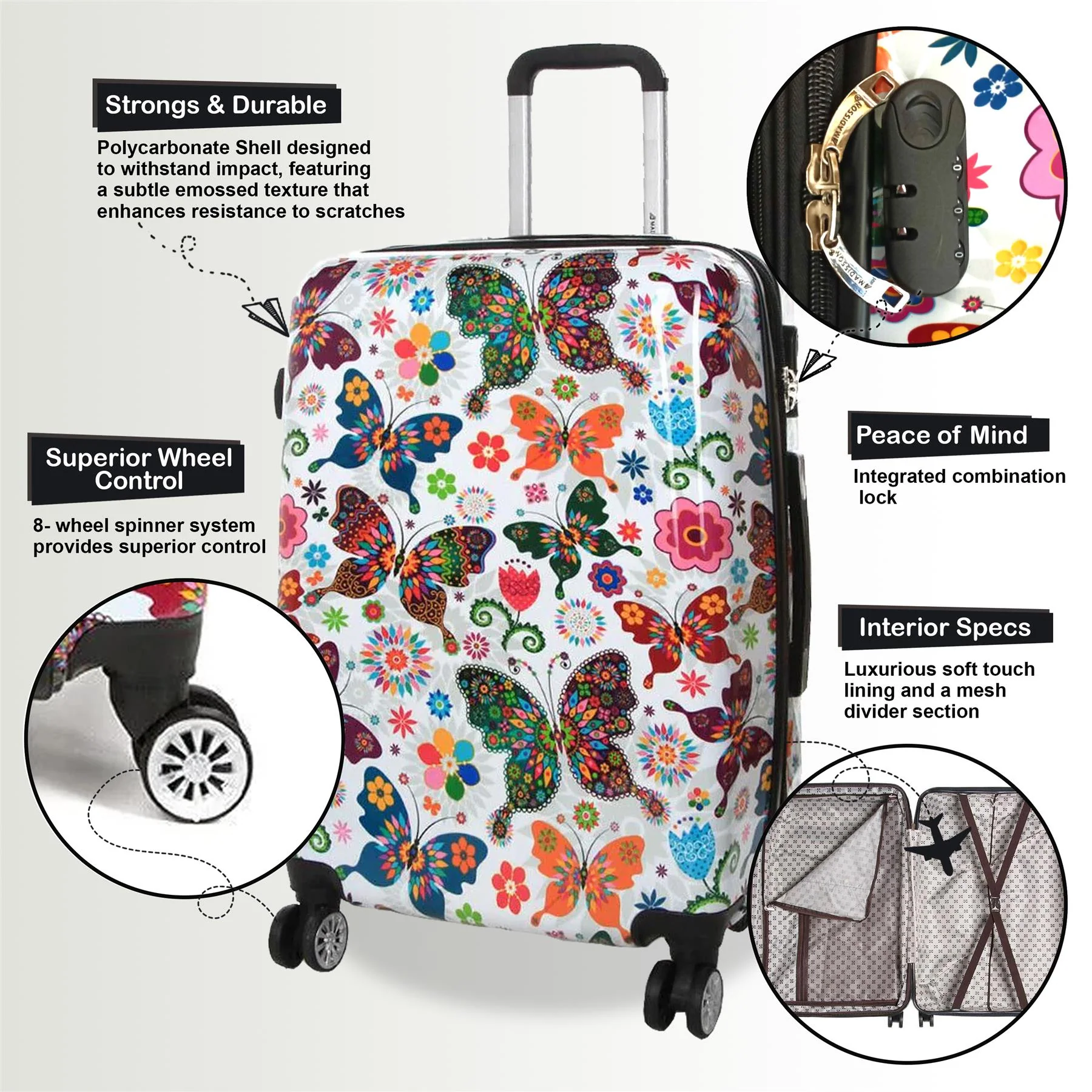 Clanton Large Hard Shell Suitcase in Butterfly - Image 3