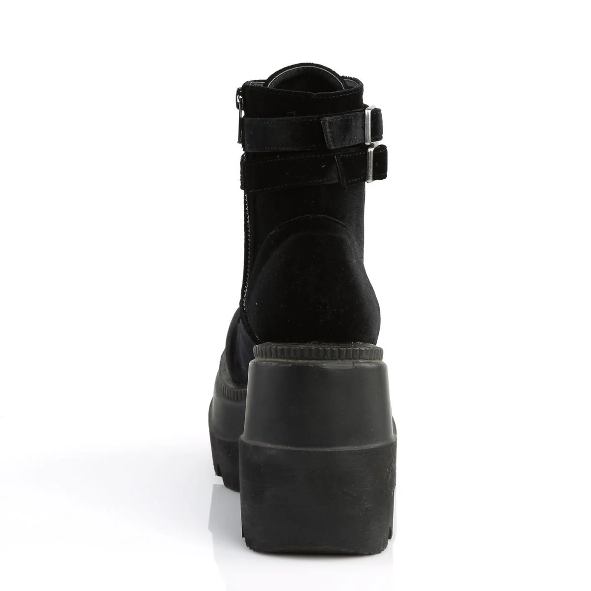 Demonia Shaker 52 Black Velvet Stacked Wedge Ankle Boots - Image 5