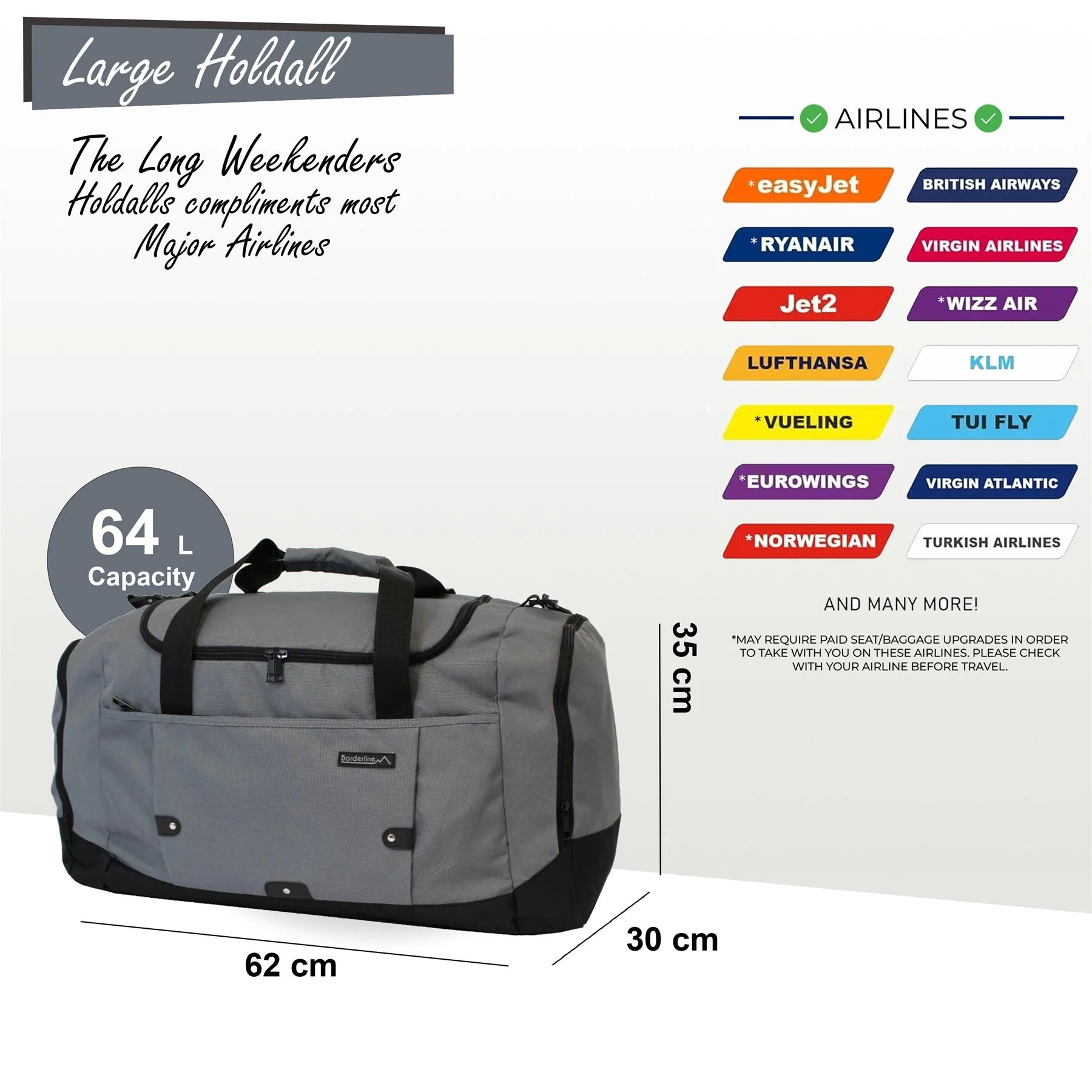 Extra Large Duffel Weekend Holdall Carry-On Cabin Bag Gym Sports Travel Bag Grey - Image 2