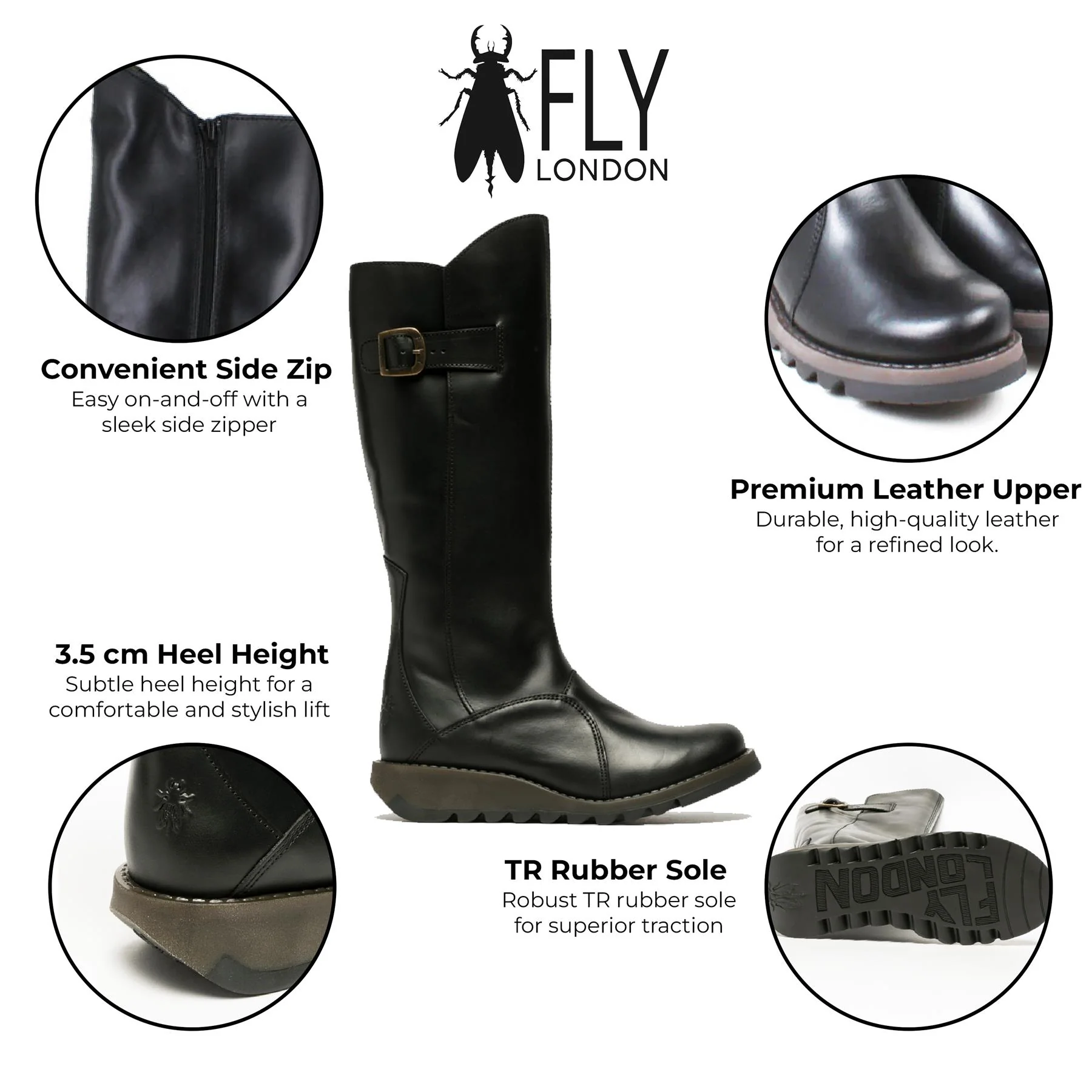 Fly London Womens Black MOL 2 Leather Wedge Heel Knee High Zip Up Boots - Image 10