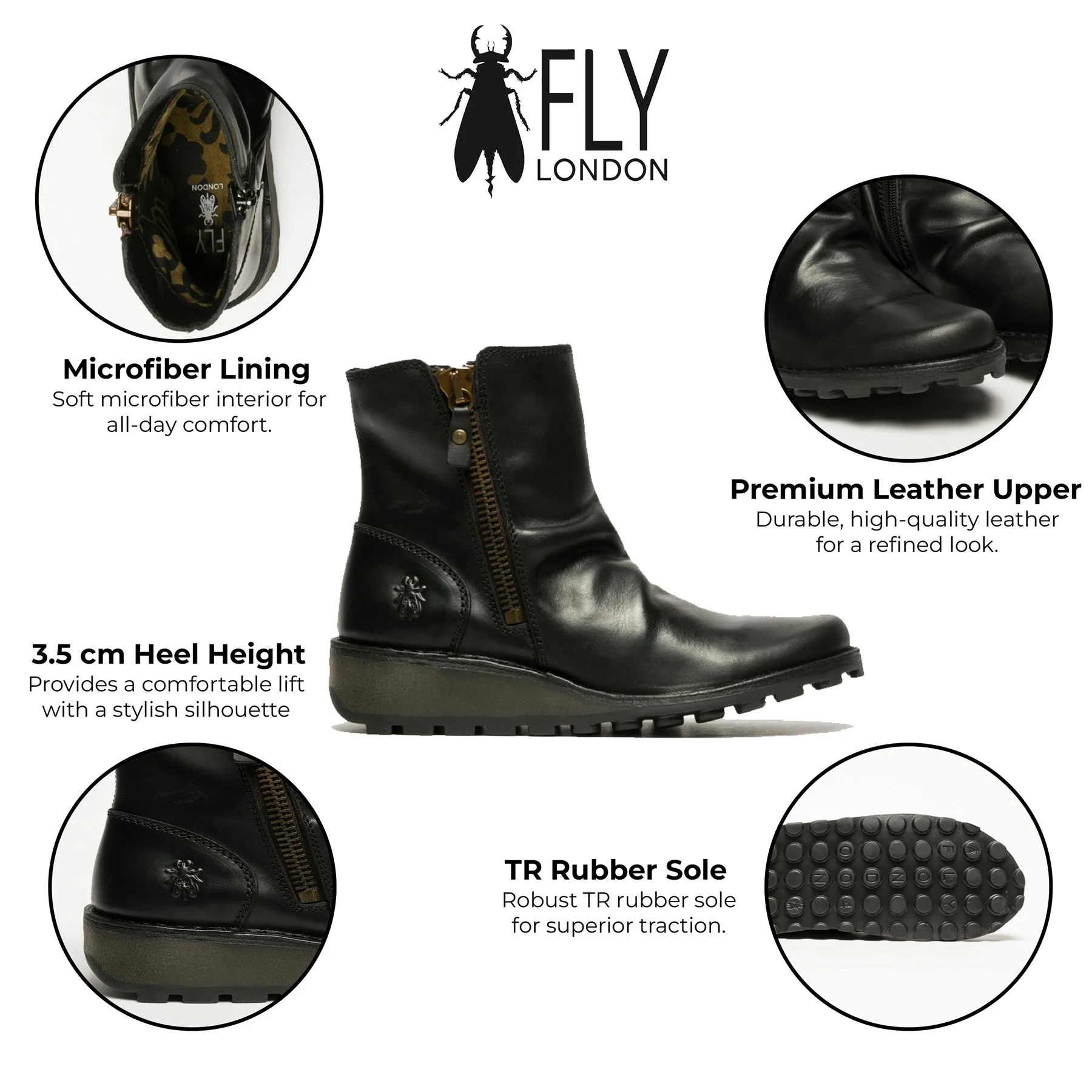 Fly London Womens Black MON944 Leather Wedge Heel Ankle Zip Up Chelsea Boots - Image 31