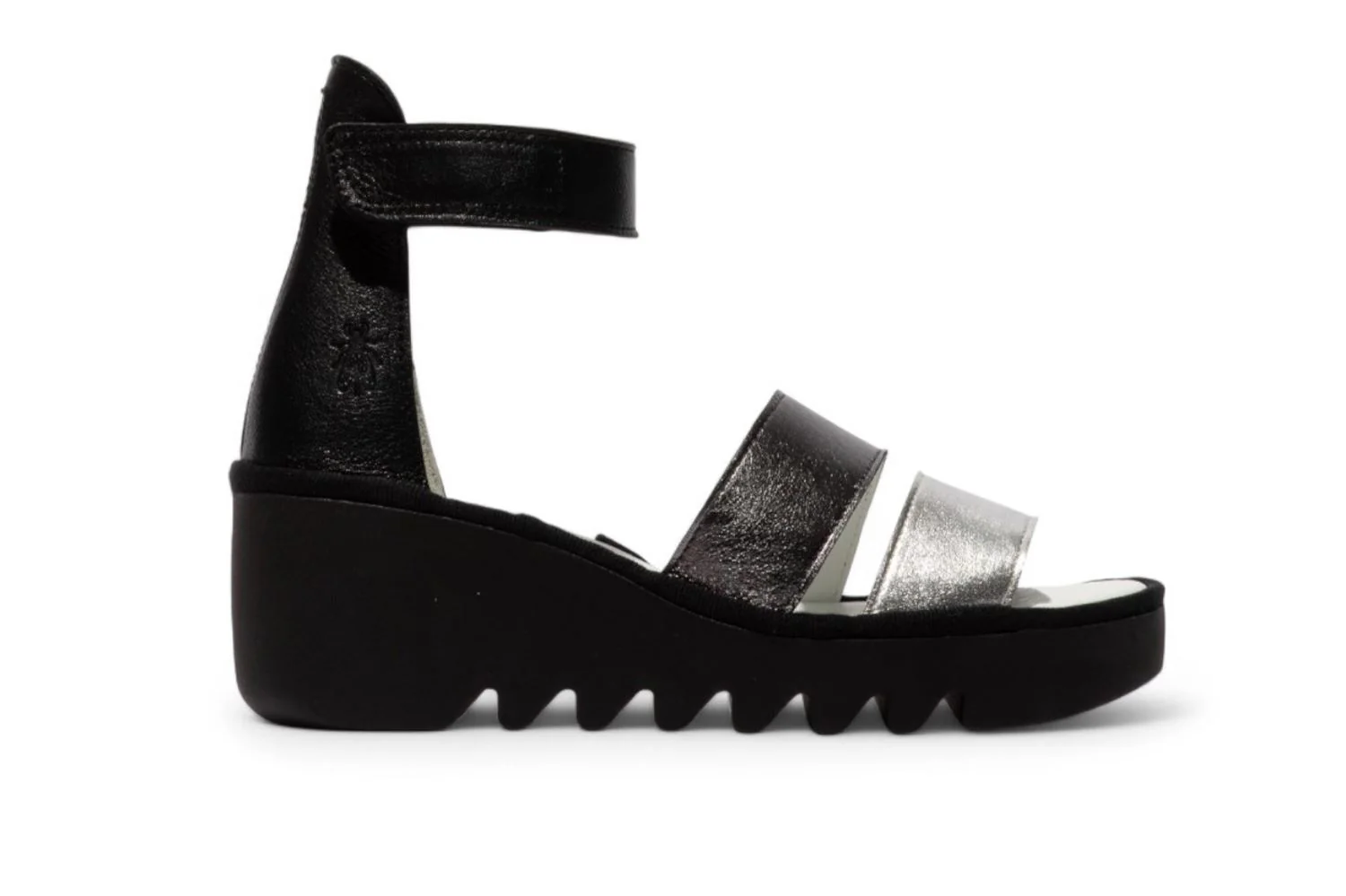 Fly London Women's BONO290FLY Silver Black Idra Leather Wedge Sandals