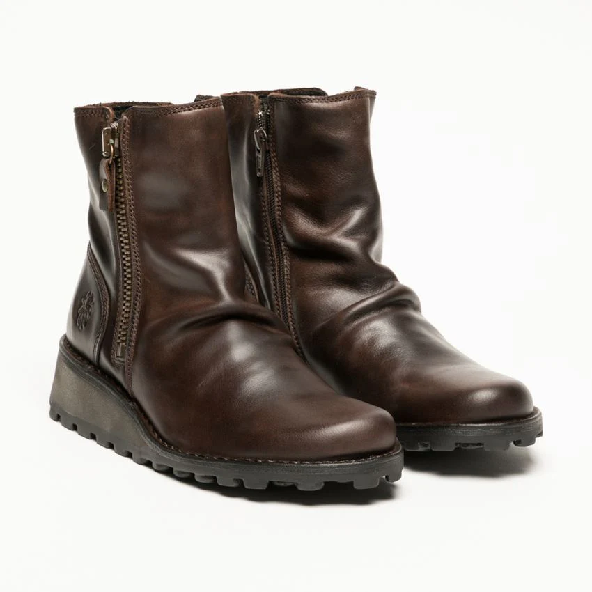 Fly London Womens Brown MON944 Leather Wedge Heel Ankle Zip Up Chelsea Boots - Image 3