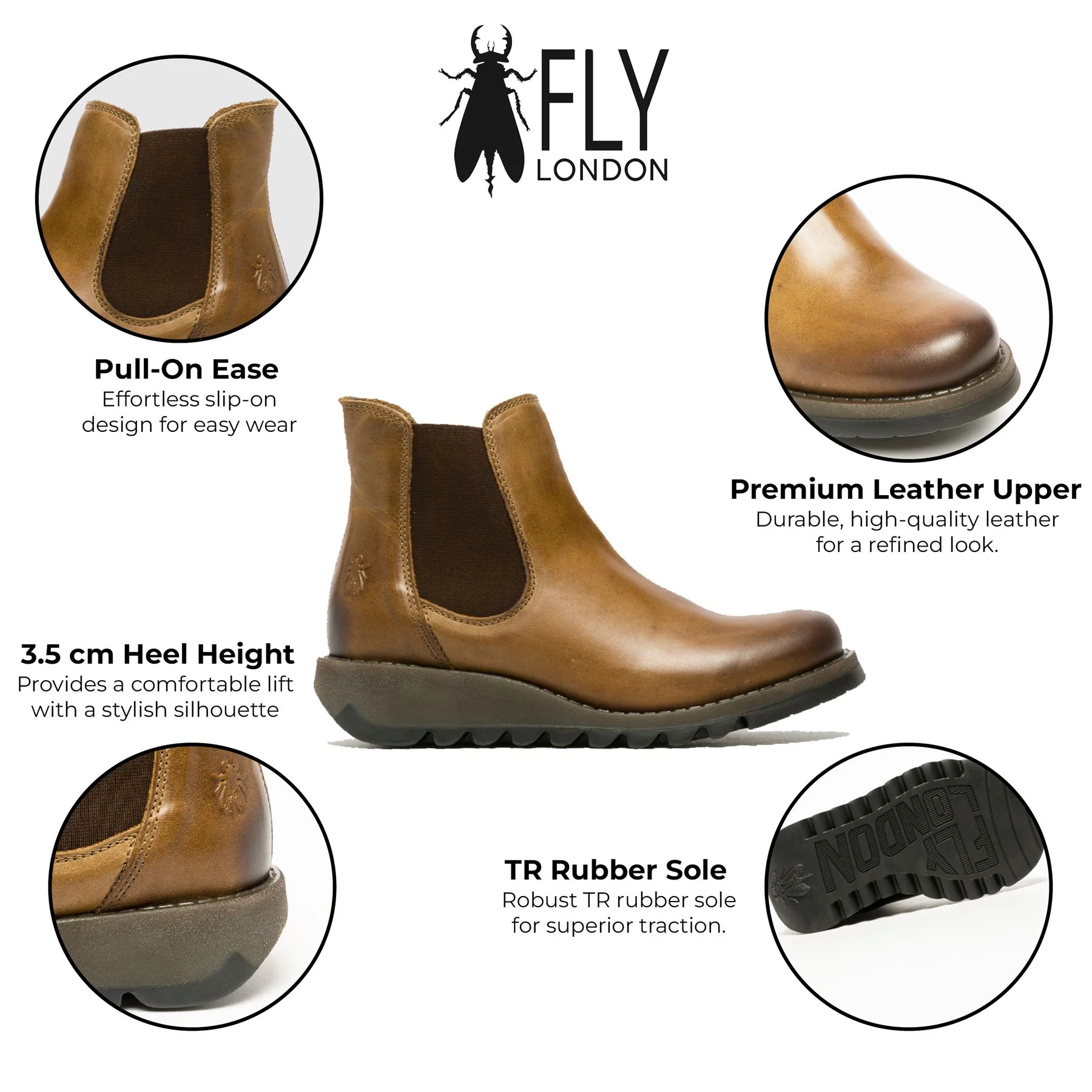 Fly London Womens Camel SALV Chelsea Leather Ankle Casual Wedge Heel Boots - Image 2