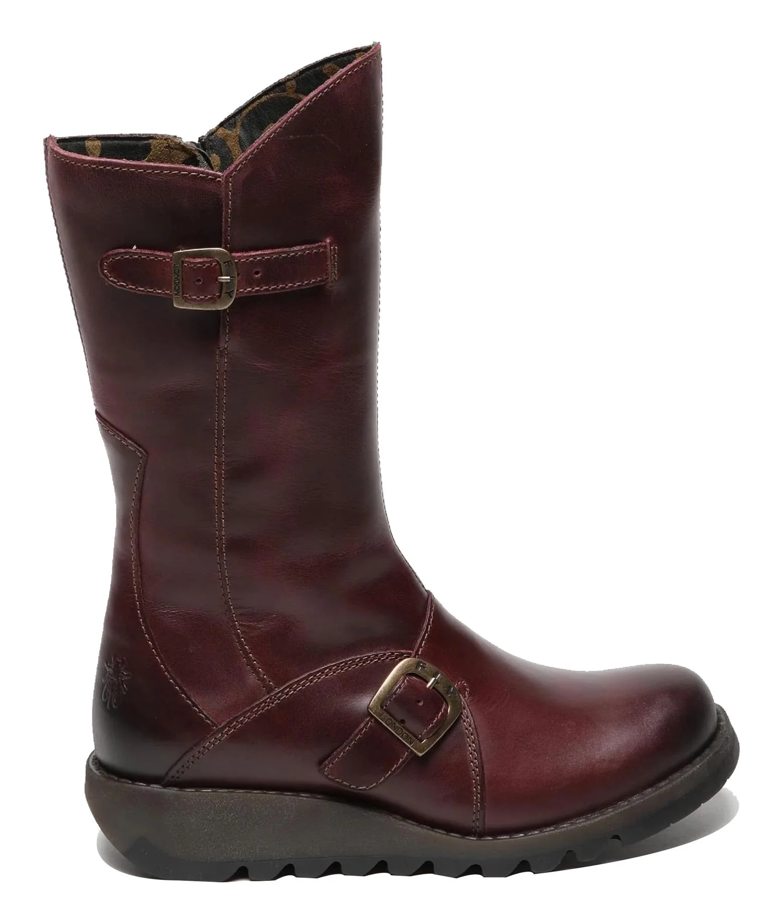 Fly London Womens Wine MES 2 Wedge Heel Buckle Mid-Calf Leather Zip Platform Boots - Image 6