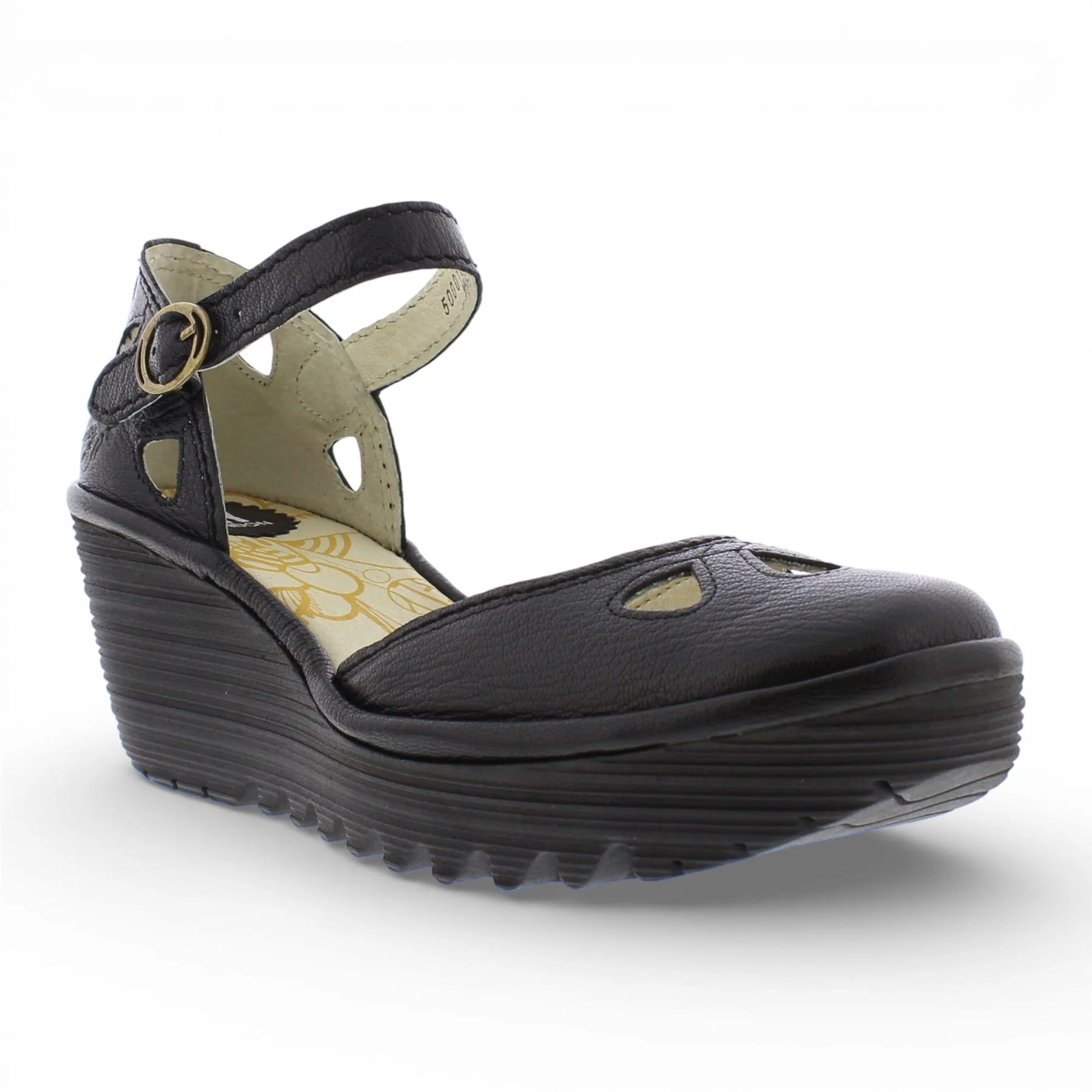 Fly London Women's Yuna Black Leather Wedge Sandals - Image 5