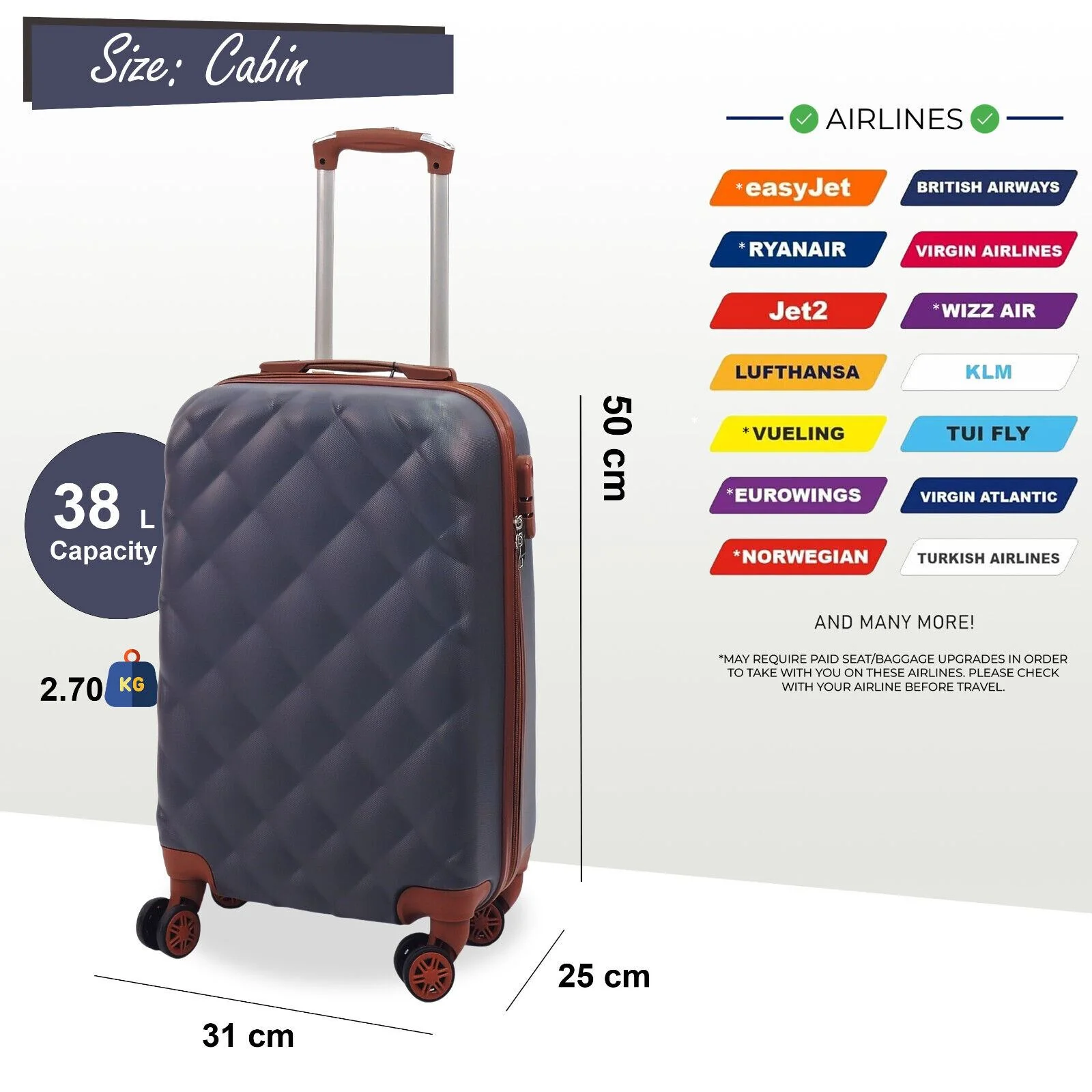 Grey Hard Shell Cabin Suitcase 50 x 31 x 25 cm Luggage Suitable for Easyjet, Ryanair - Image 3