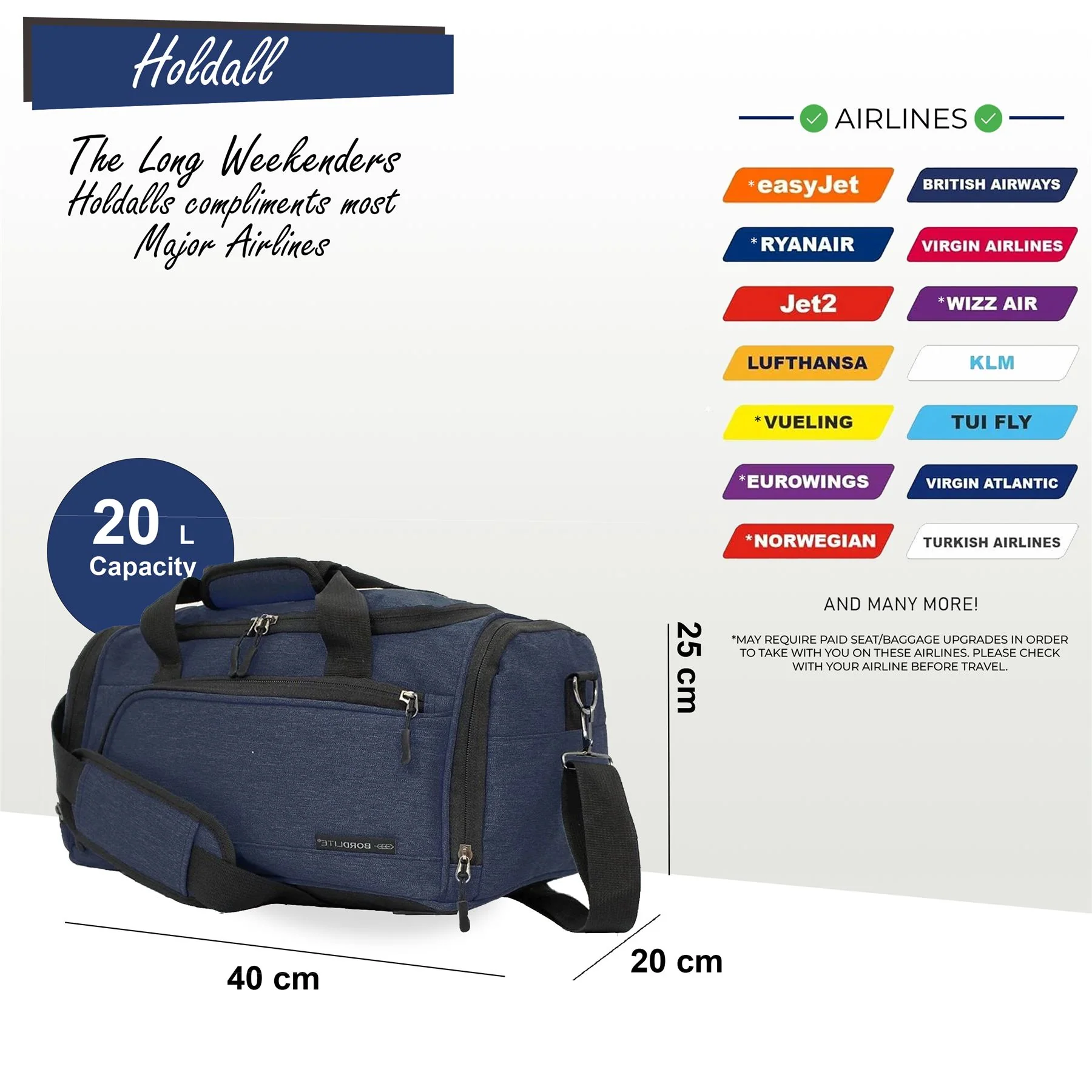 Holdall Carry On 40x 20 x25cm Under-seat Travel Duffel Bag for Ryanair, Easy Jet Blue - Image 2