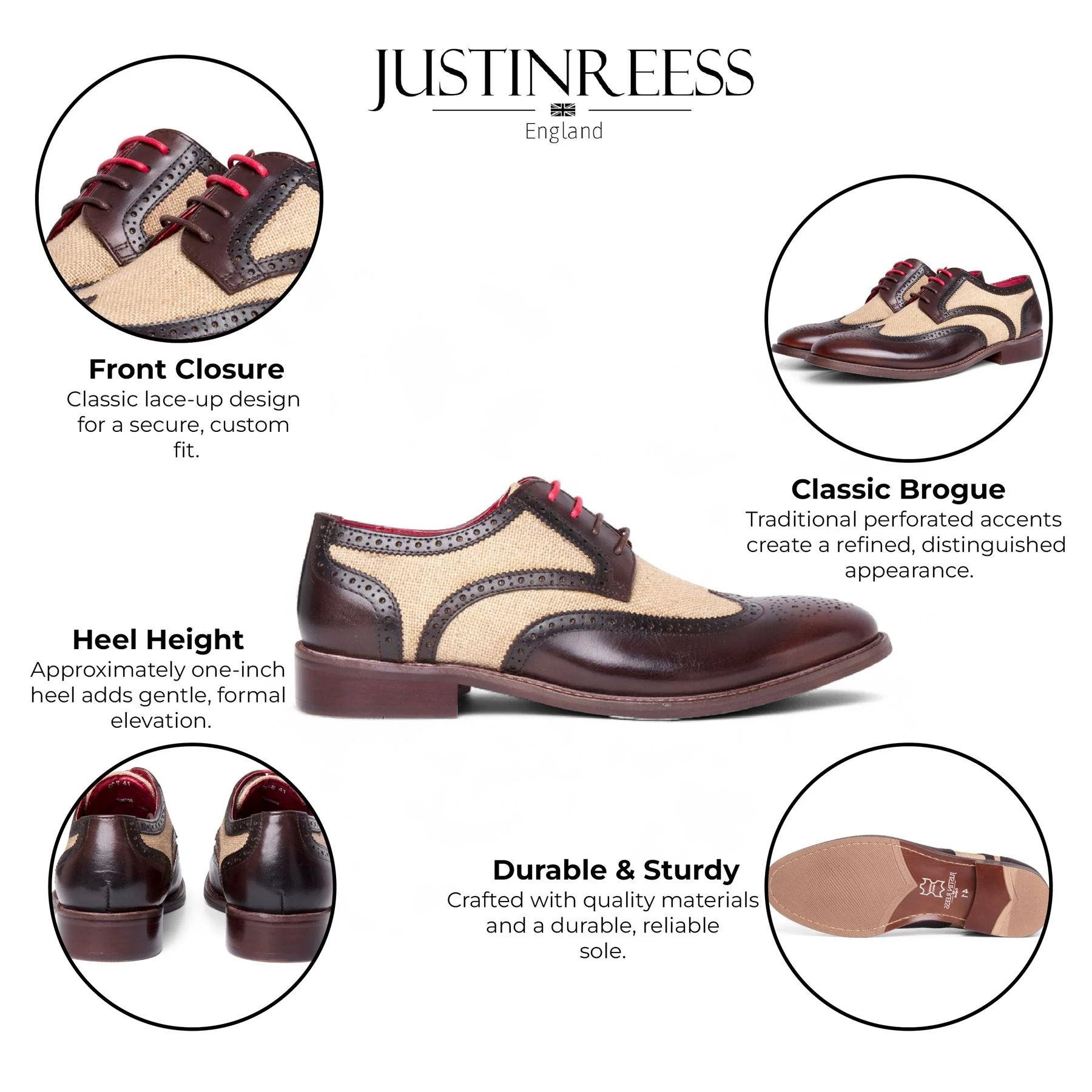 Justin Reess Men's Brown Leather Canvas Detailing Brogue Shoes - Cole - Image 2