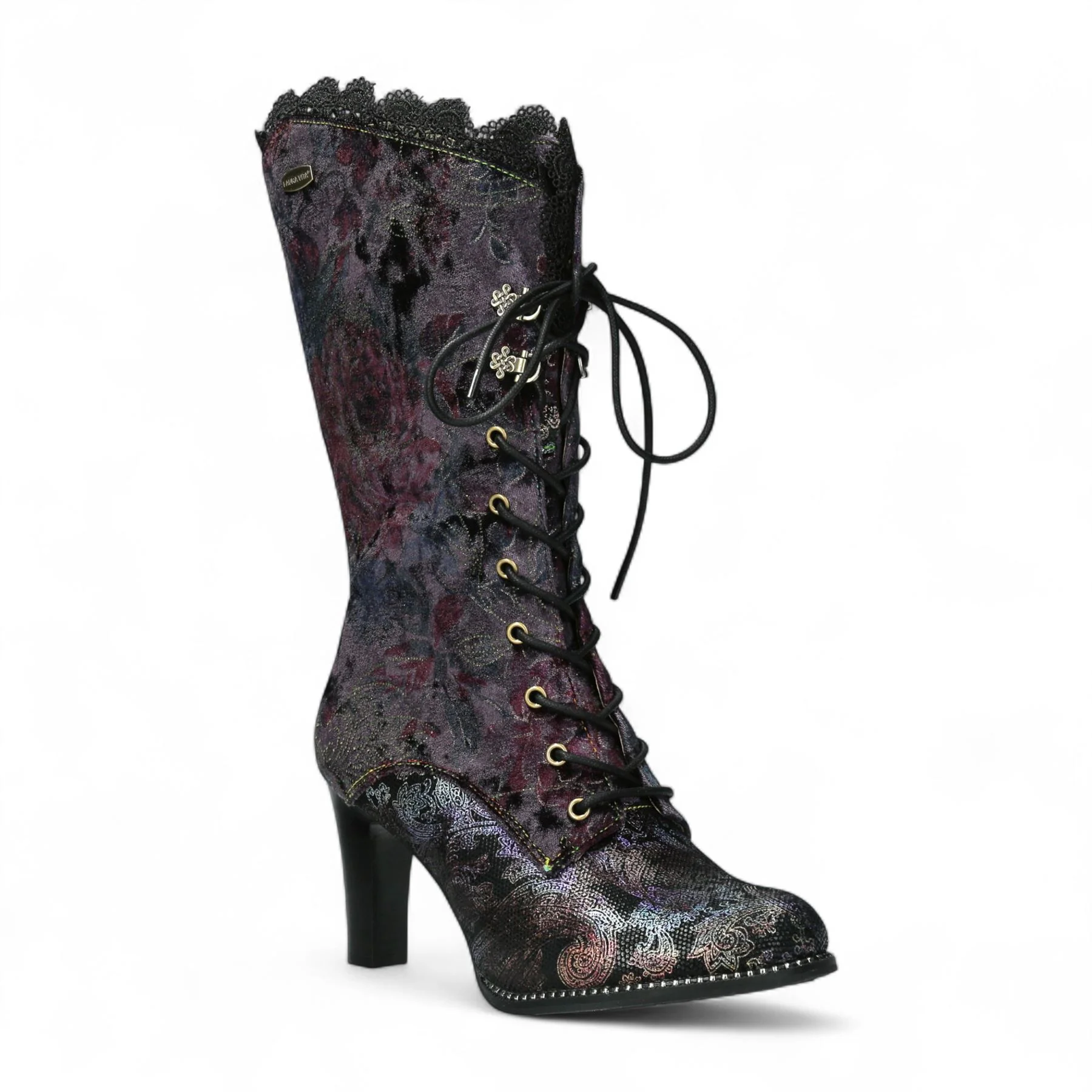 Laura Vita Alcbane 0351 Violet Floral Womens Gothic Victorian Leather Heeled High Boots - Image 3
