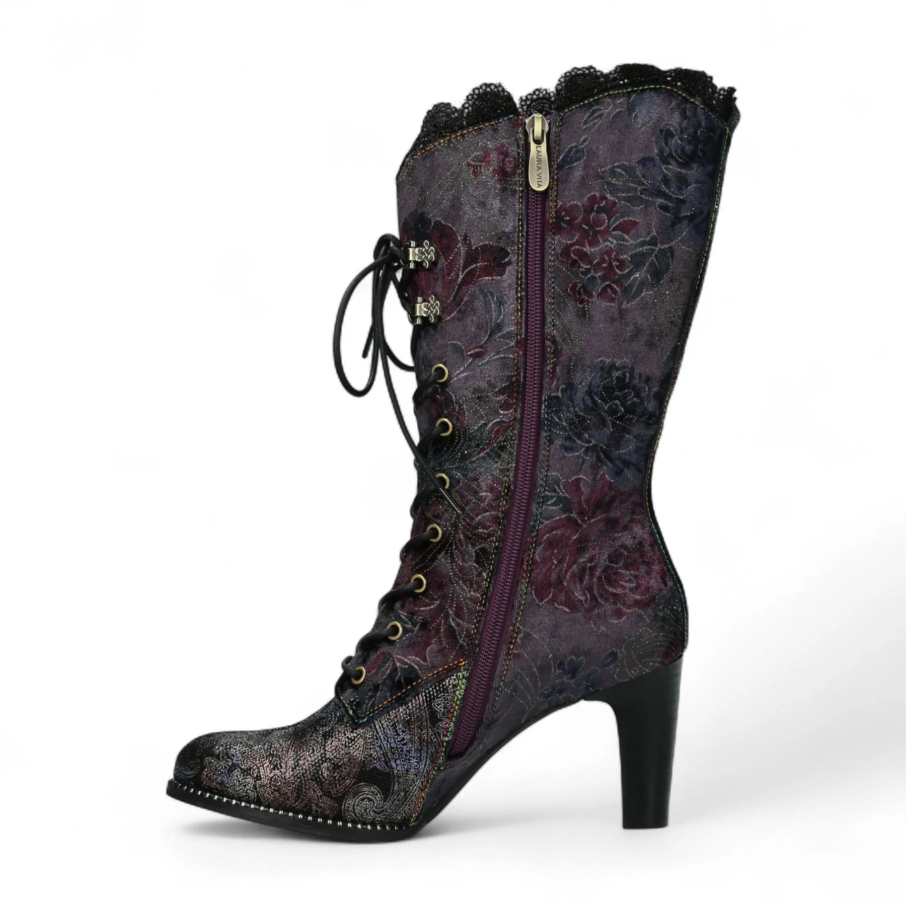 Laura Vita Alcbane 0351 Violet Floral Womens Gothic Victorian Leather Heeled High Boots - Image 5