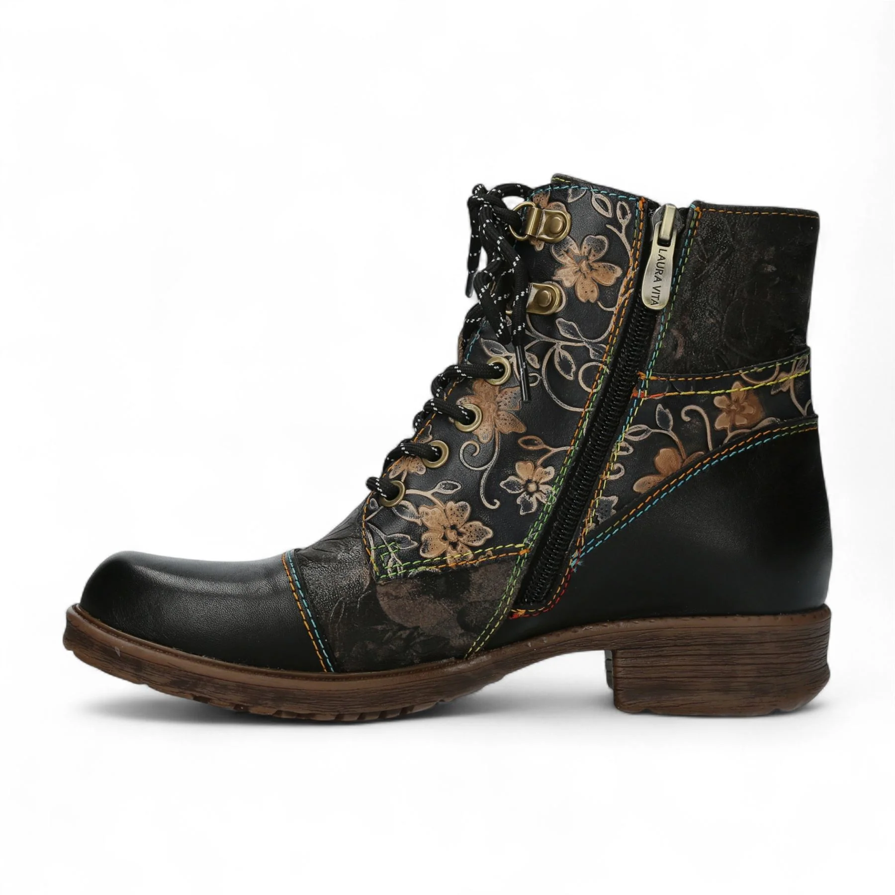 Laura Vita Anita 006 Black Floral Womens Gothic Victorian Leather Ankle Boots - Image 5