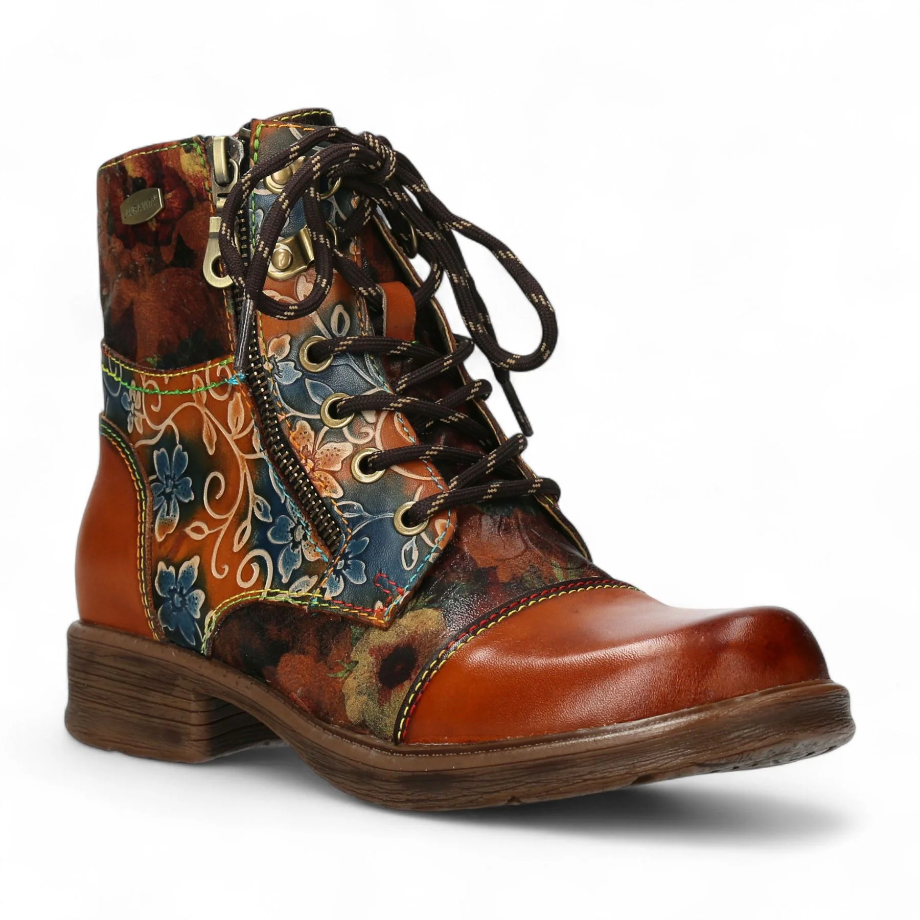 Laura Vita Anita 006 Camel Brown Floral Womens Gothic Victorian Leather Ankle Boots - Image 3