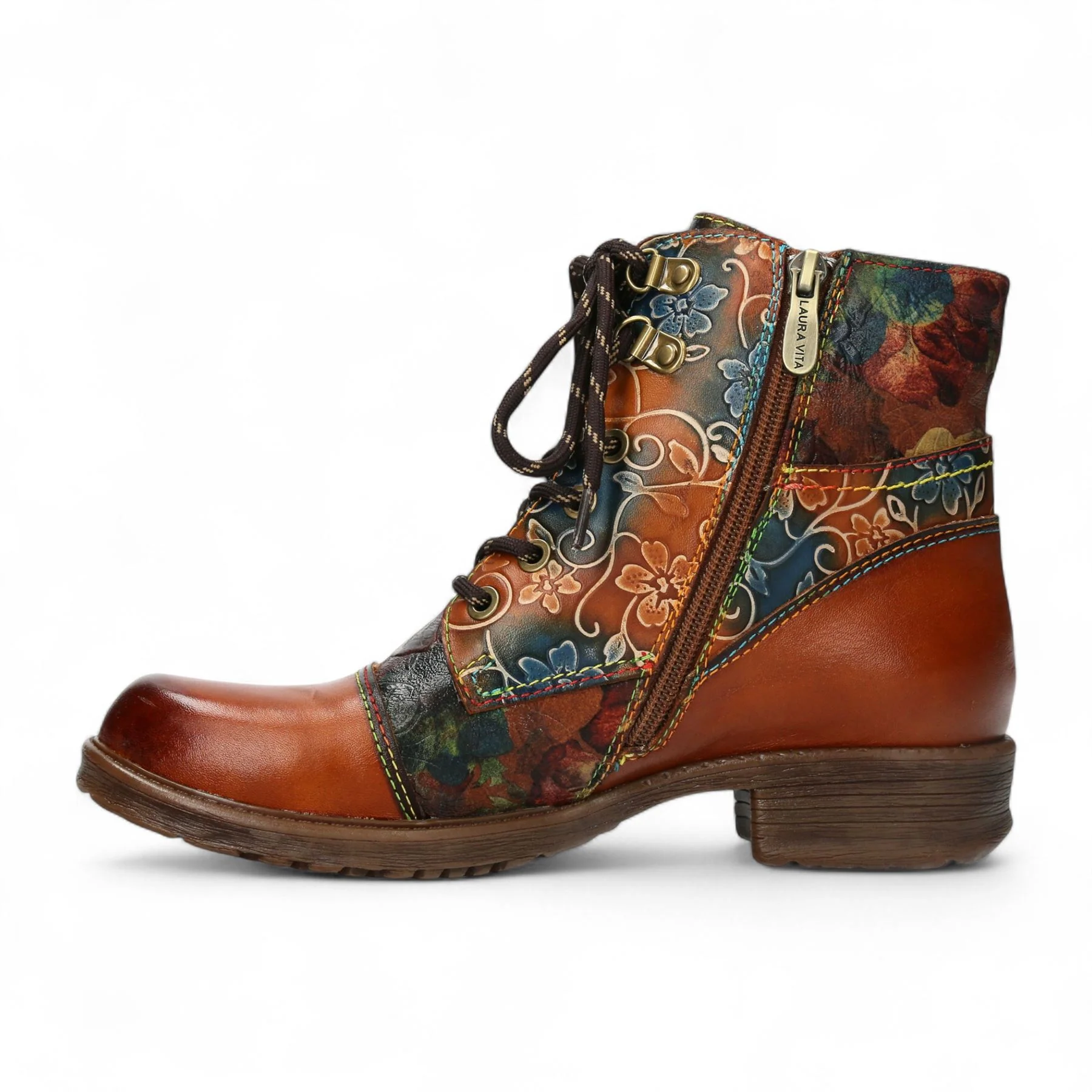 Laura Vita Anita 006 Camel Brown Floral Womens Gothic Victorian Leather Ankle Boots - Image 5