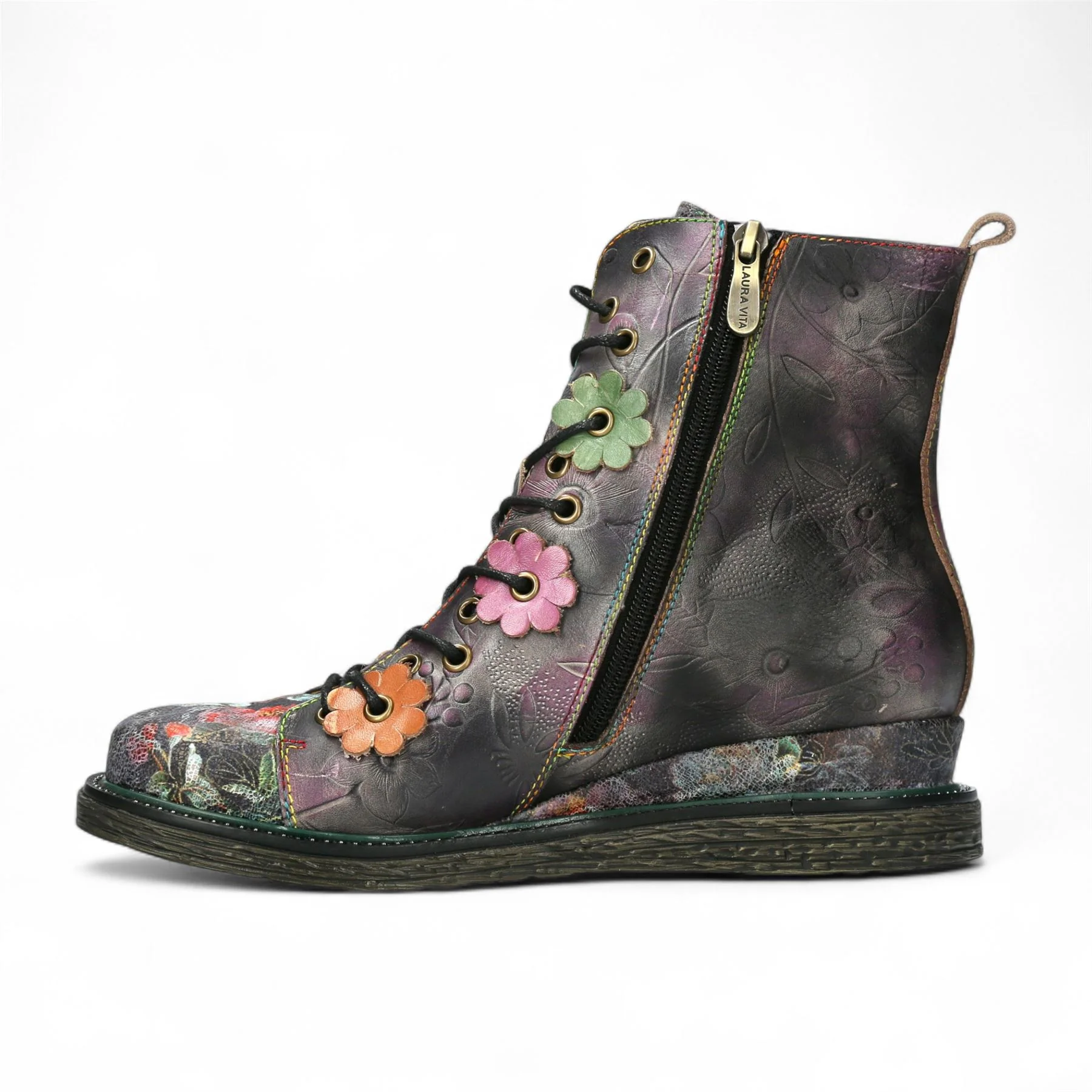 Laura Vita Ercnaulto 212 Grey Floral Womens Gothic Victorian Leather Ankle Heeled Boots - Image 5