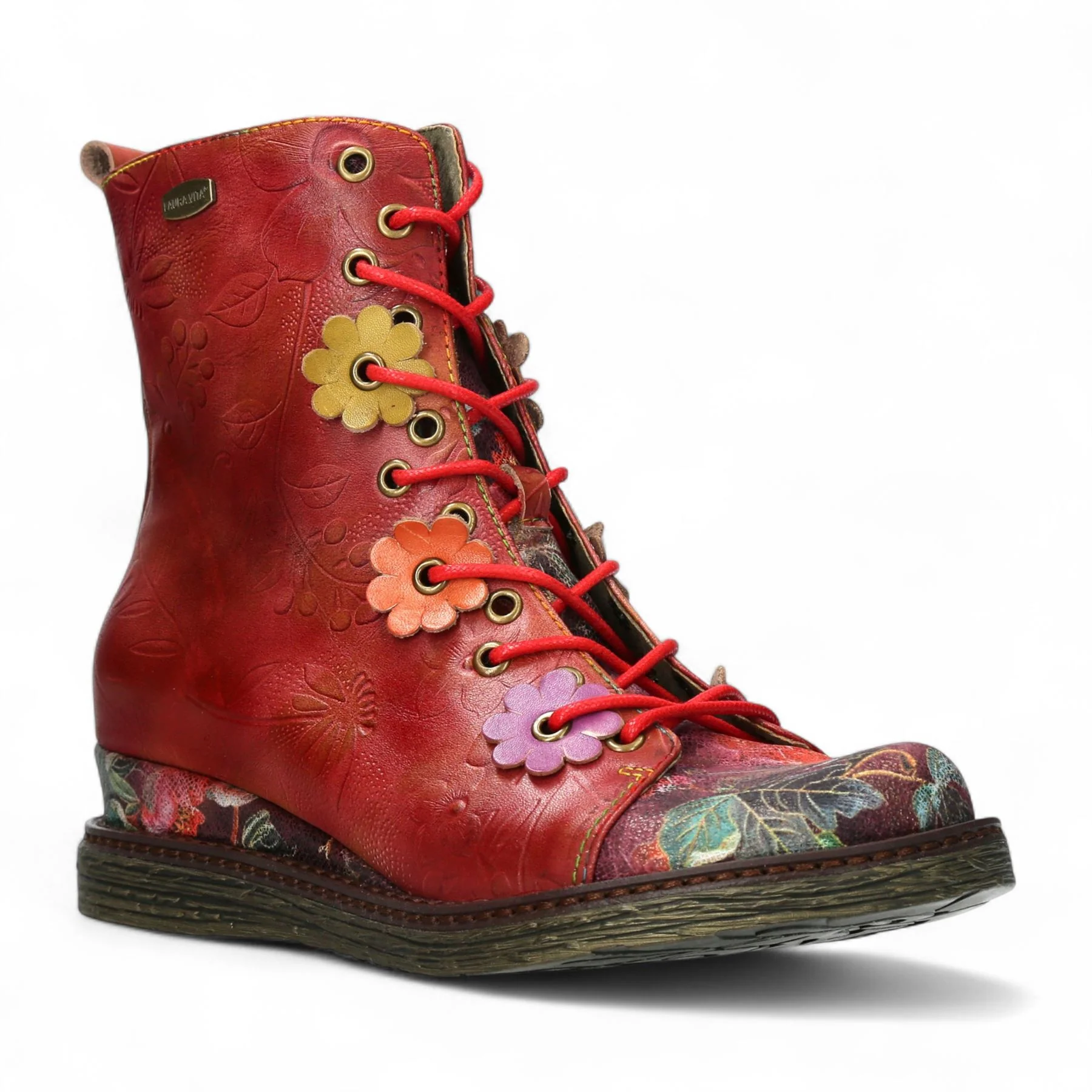 Laura Vita Ercnaulto 212 Red Floral Womens Gothic Victorian Leather Ankle Heeled Boots - Image 3