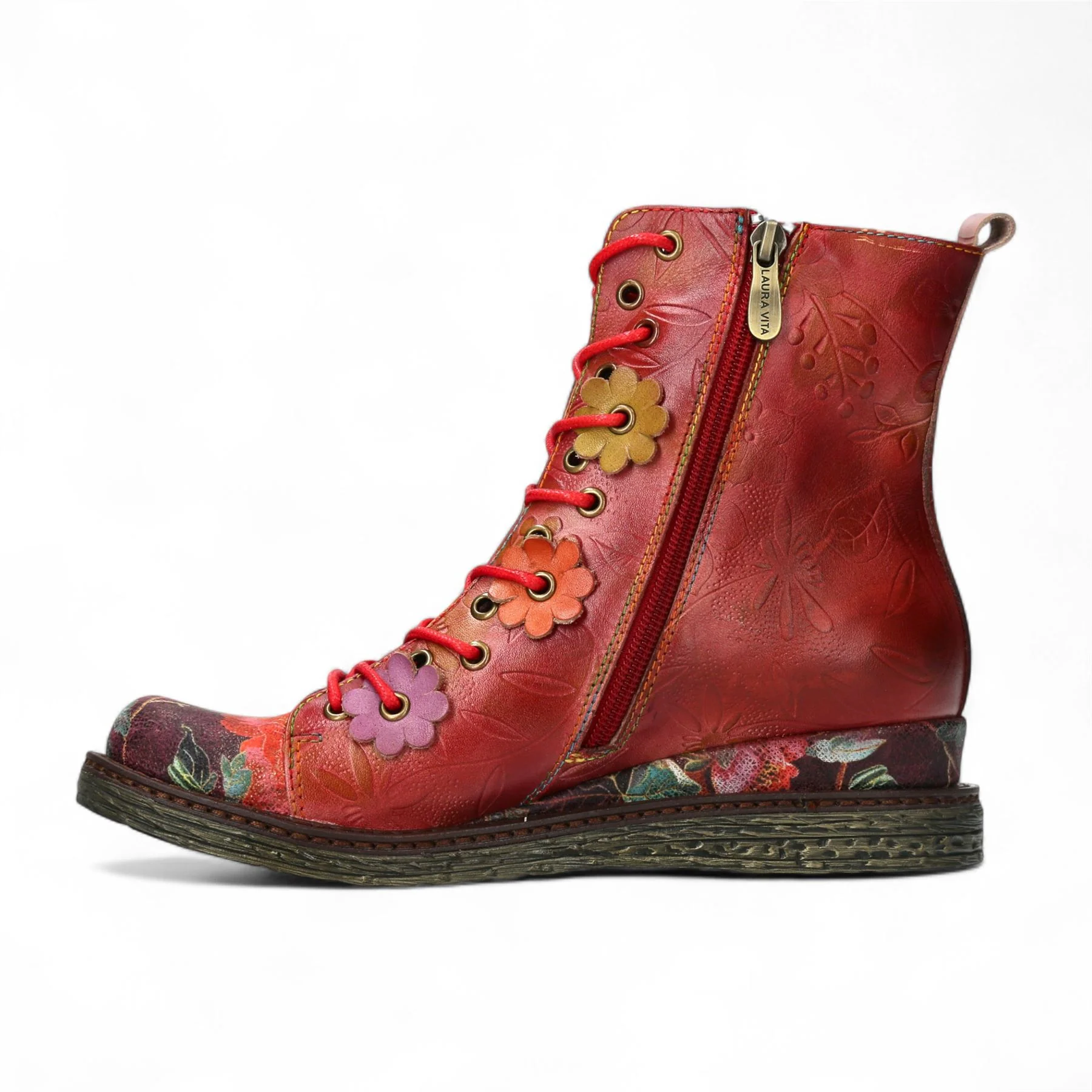 Laura Vita Ercnaulto 212 Red Floral Womens Gothic Victorian Leather Ankle Heeled Boots - Image 4