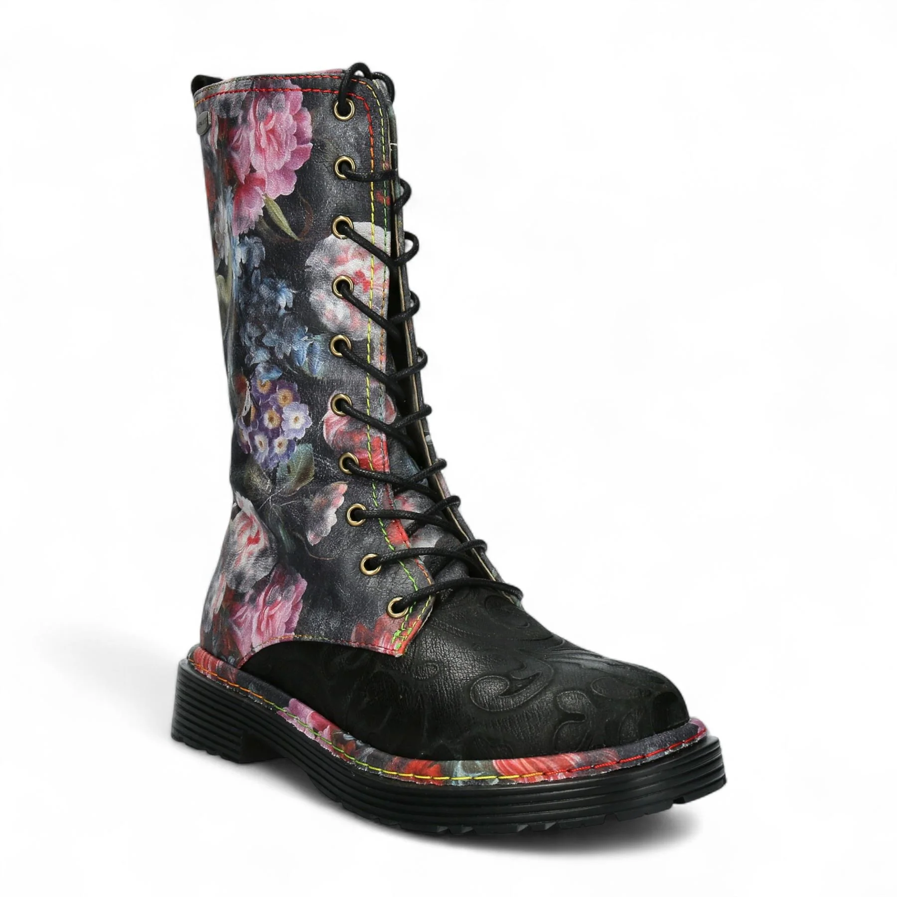 Laura Vita Incaso-18 Black Floral Womens Gothic Victorian Leather High Boots - Image 3