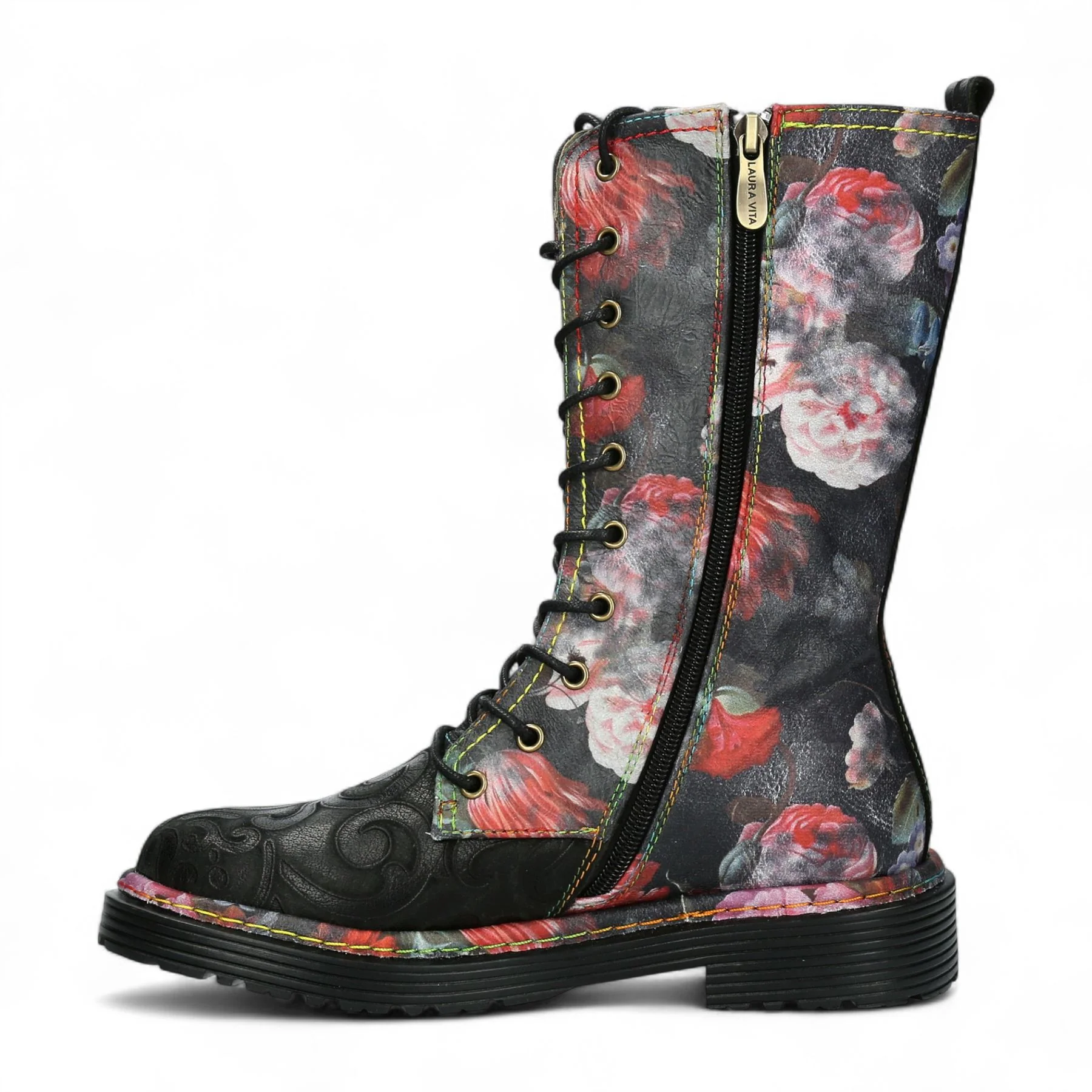 Laura Vita Incaso-18 Black Floral Womens Gothic Victorian Leather High Boots - Image 4