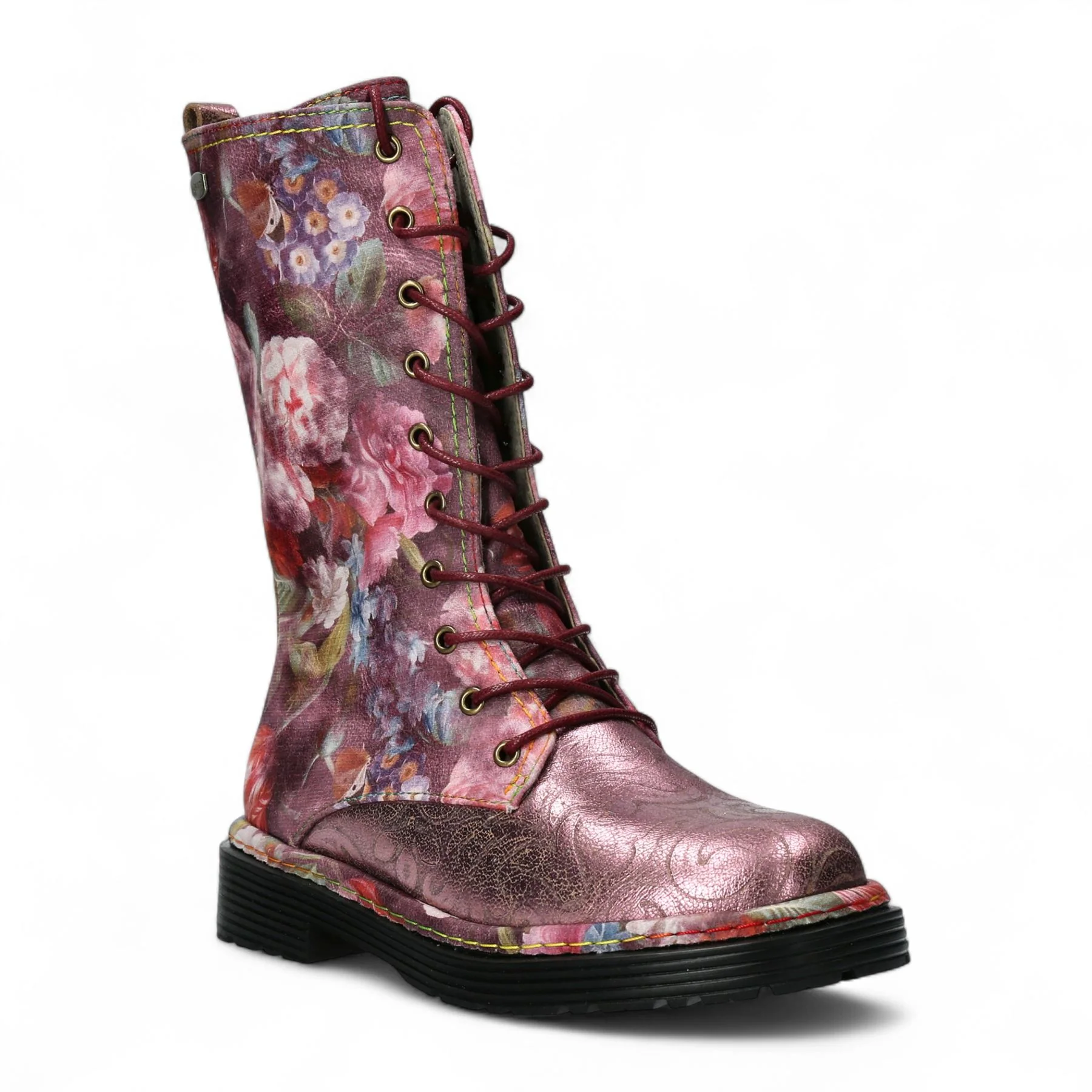 Laura Vita Incaso-18 Burgundy Floral Womens Gothic Victorian Leather High Boots - Image 3