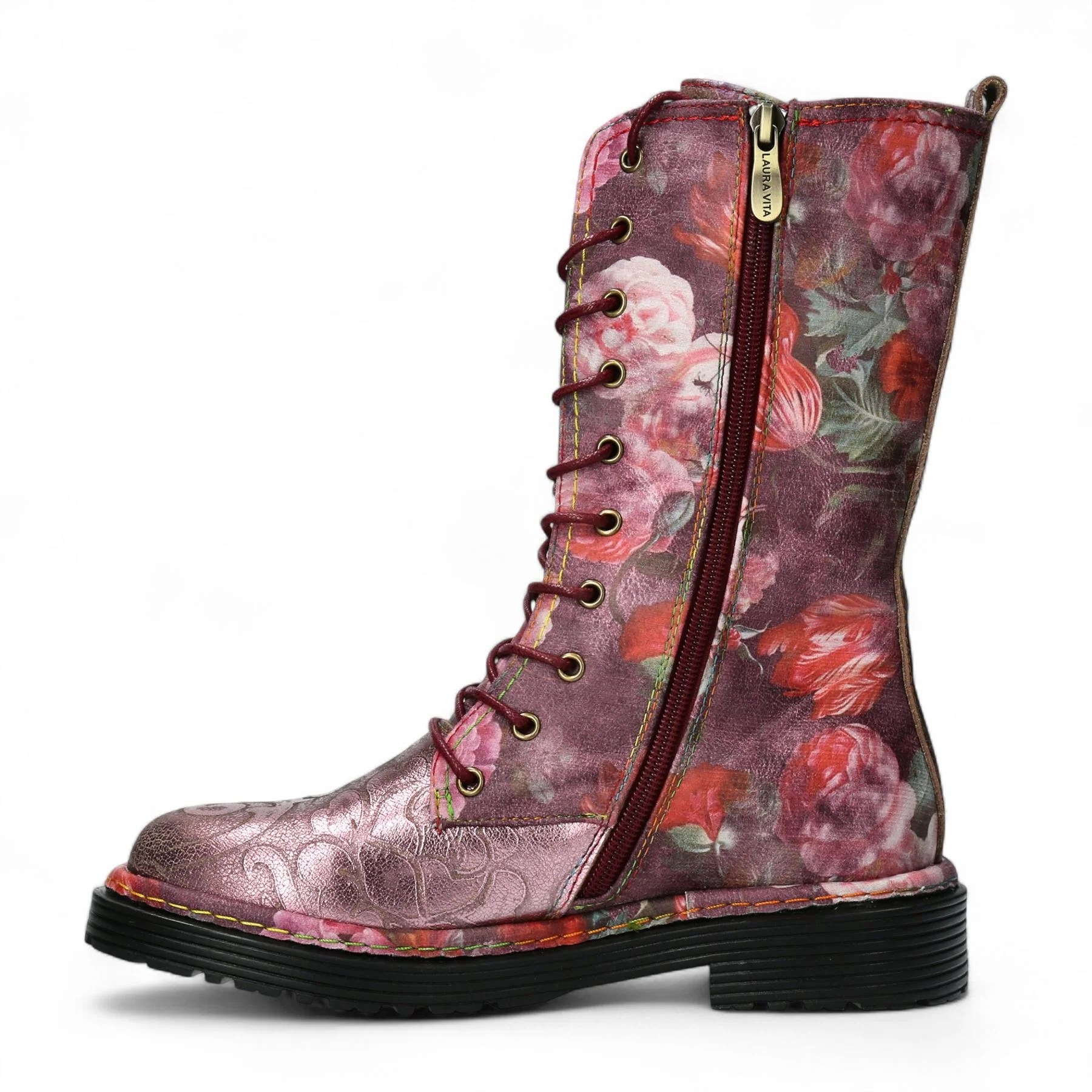 Laura Vita Incaso-18 Burgundy Floral Womens Gothic Victorian Leather High Boots - Image 4