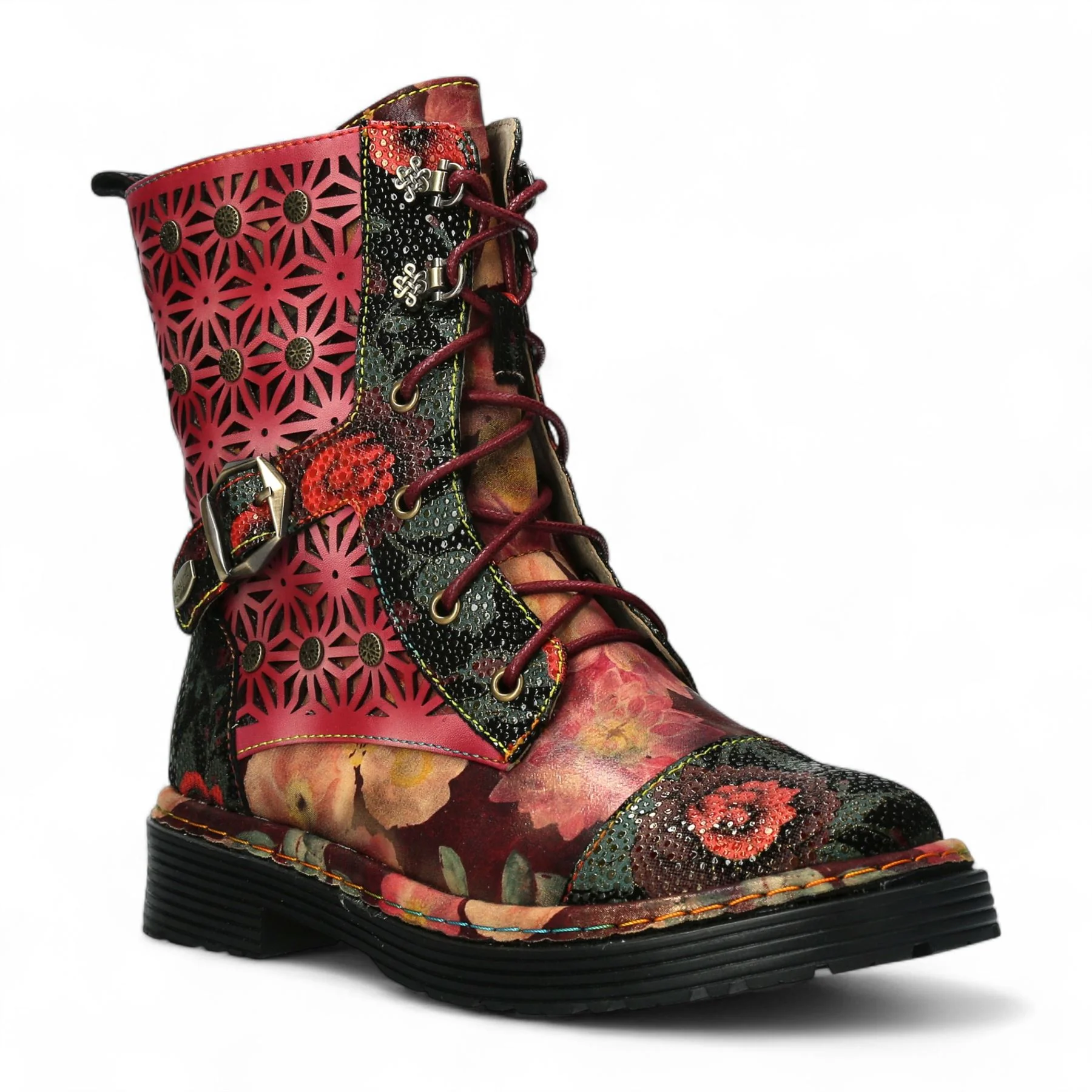 Laura Vita Incaso 36 Red Floral Womens Gothic Victorian Leather Ankle High Boots - Image 3