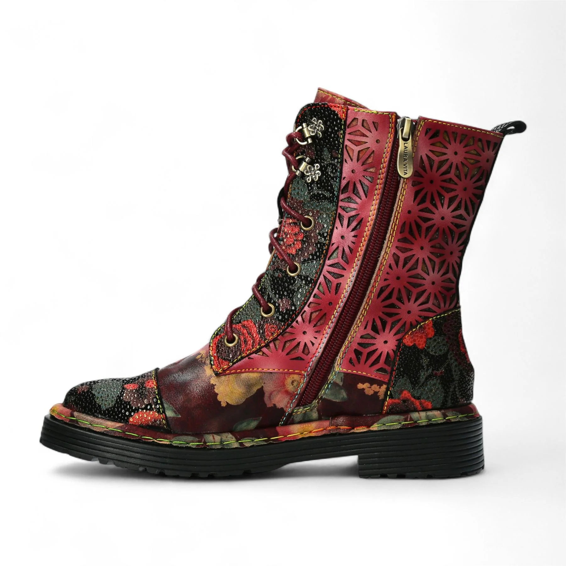 Laura Vita Incaso 36 Red Floral Womens Gothic Victorian Leather Ankle High Boots - Image 4