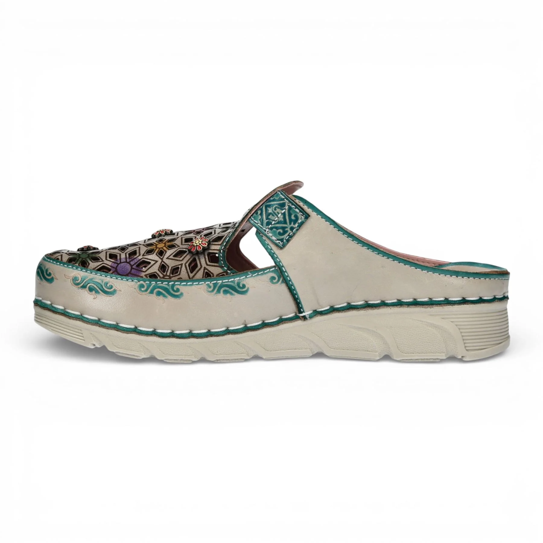 Laura Vita Women’s Dorry 01 Floral Blue Leather Wedge Slipper Sandals - Image 5