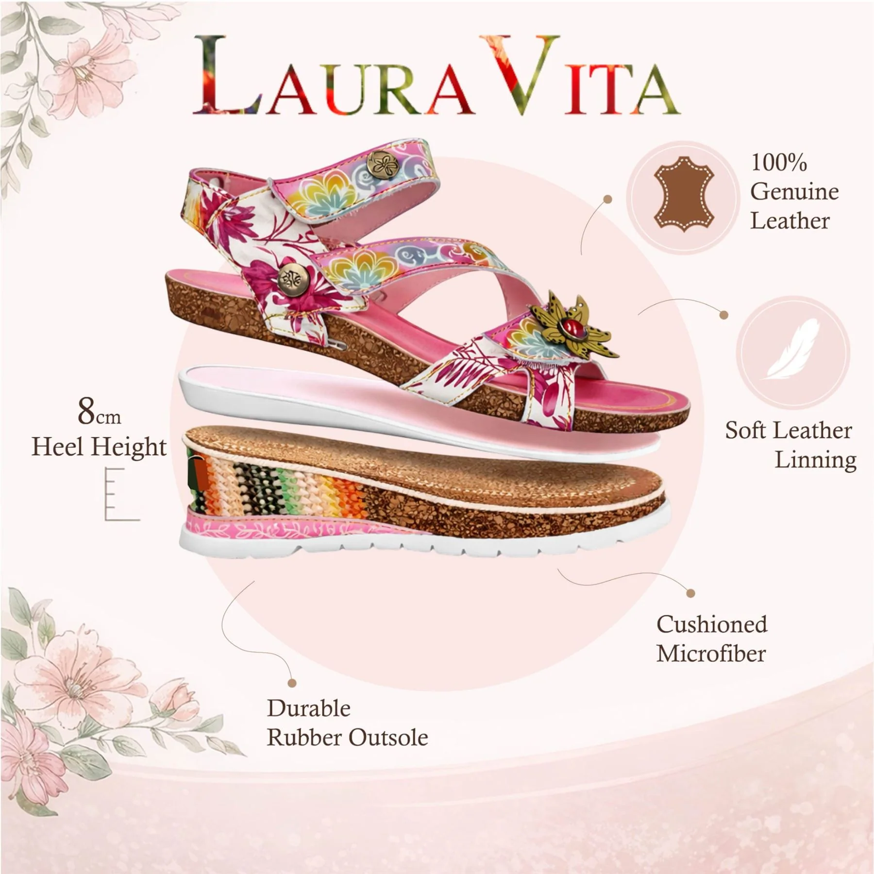 Laura Vita Women's Balade 32 Rose Pink Floral Leather Wedge Espadrille Sandals - Image 2