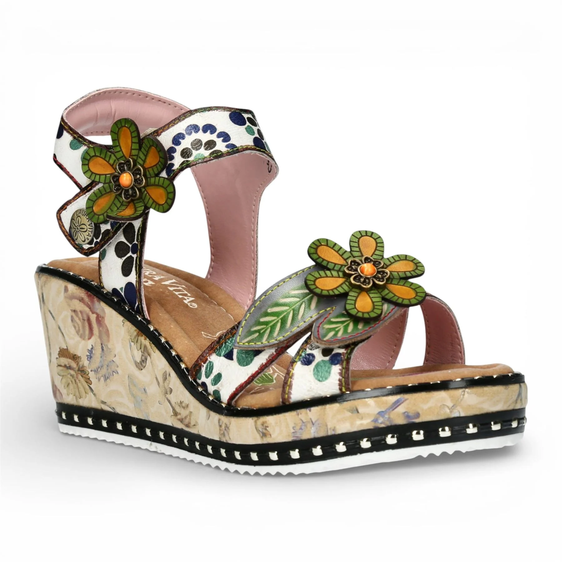 Laura Vita Women's Ballon 08 Beige Floral Leather Wedge Espadrille Sandals - Image 3