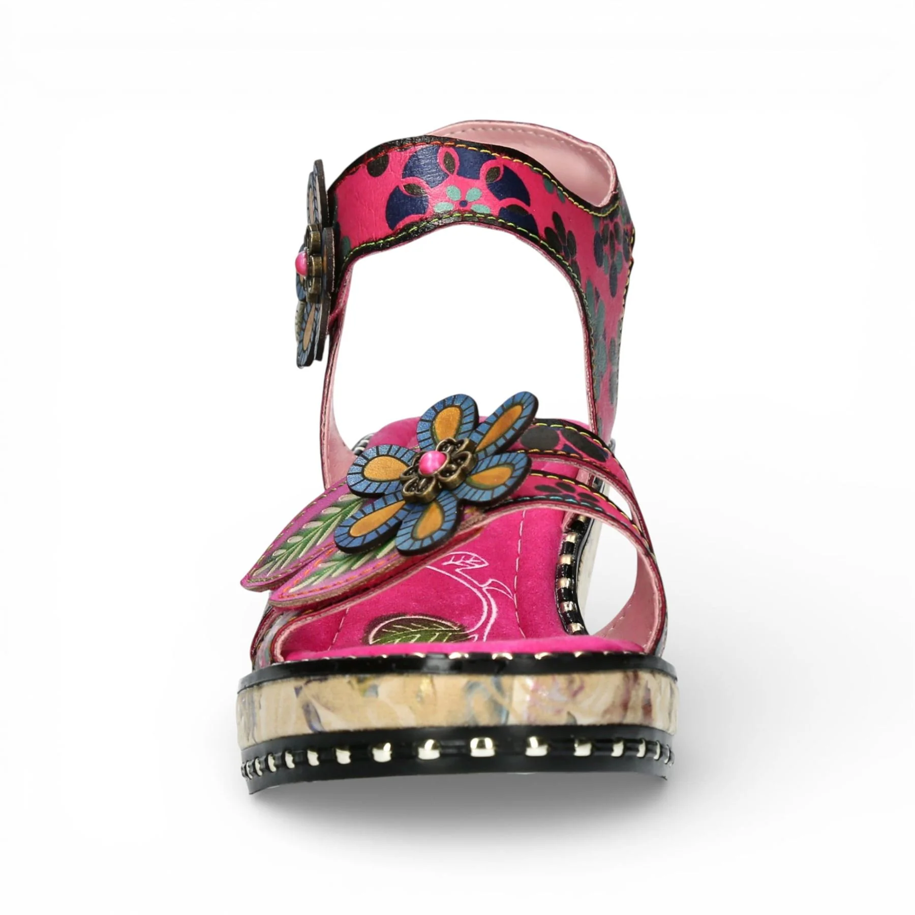 Laura Vita Women's Ballon 08 Fuschia Pink Floral Leather Wedge Espadrille Sandals - Image 4
