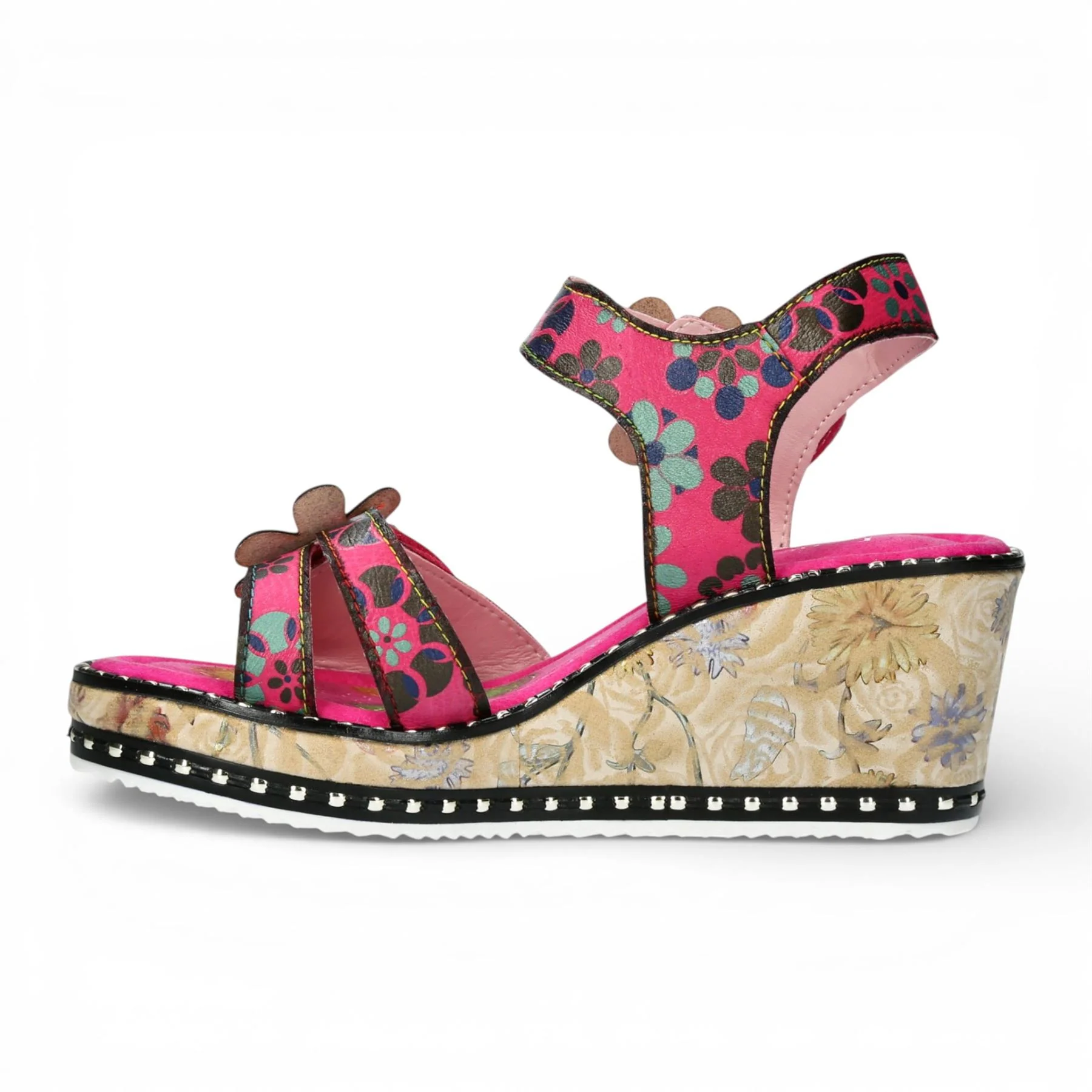 Laura Vita Women's Ballon 08 Fuschia Pink Floral Leather Wedge Espadrille Sandals - Image 5