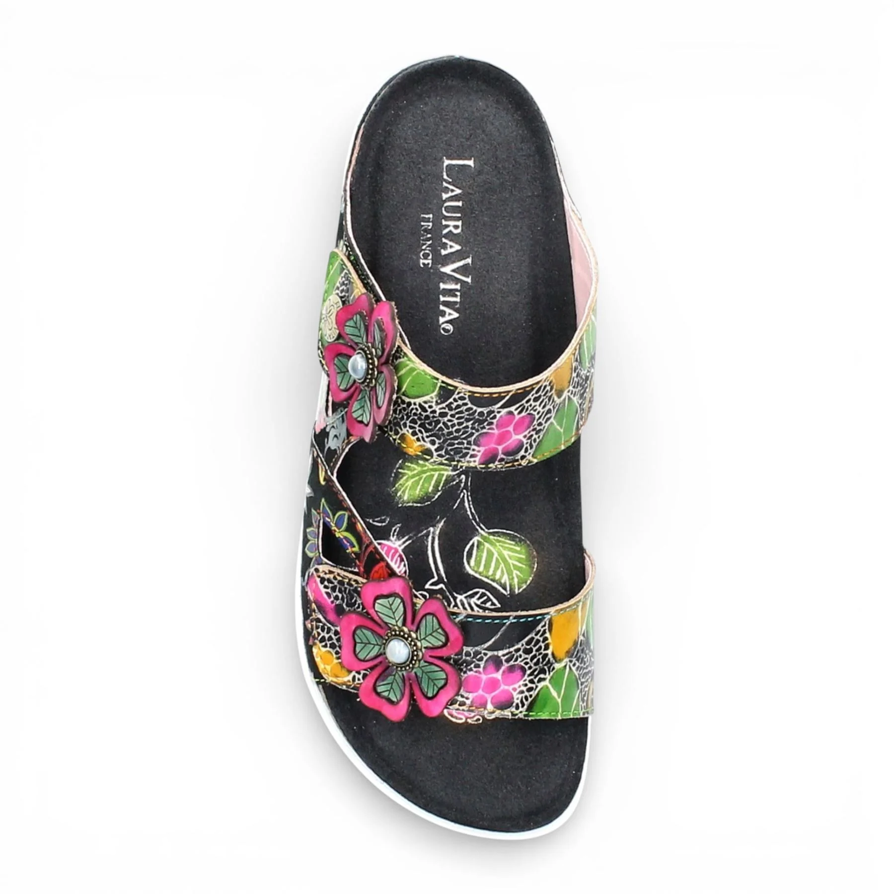 Laura Vita Women's Brcyano 32 Black Floral Leather Strappy Slipper Sandals - Image 7