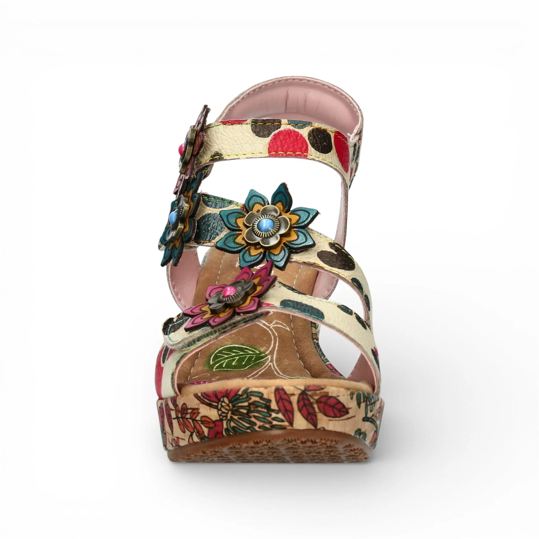 Laura Vita Women's Nellao 33 Beige Floral Leather Wedge Heel Espadrille Sandals - Image 4