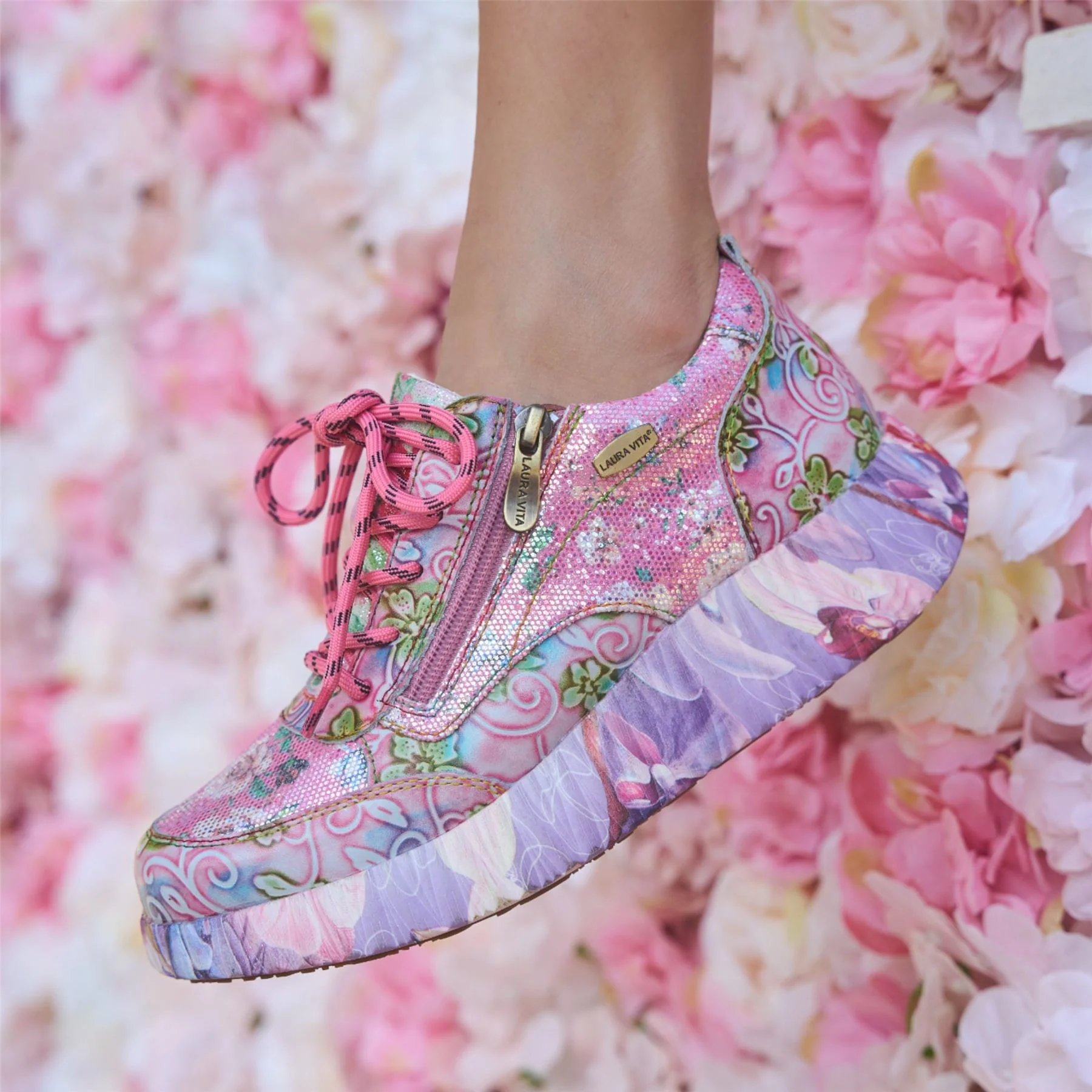 Laura Vita Women's Nikito 62 Rose Pink Floral Leather Trainers Platform Sneaker Shoes - Image 8