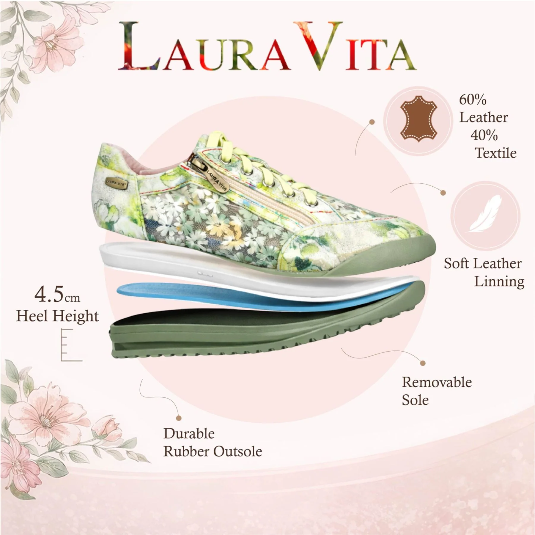 Laura Vita Women's Tivanao-05 Yellow Floral Leather Trainers Zip Sneaker Shoes - Image 2