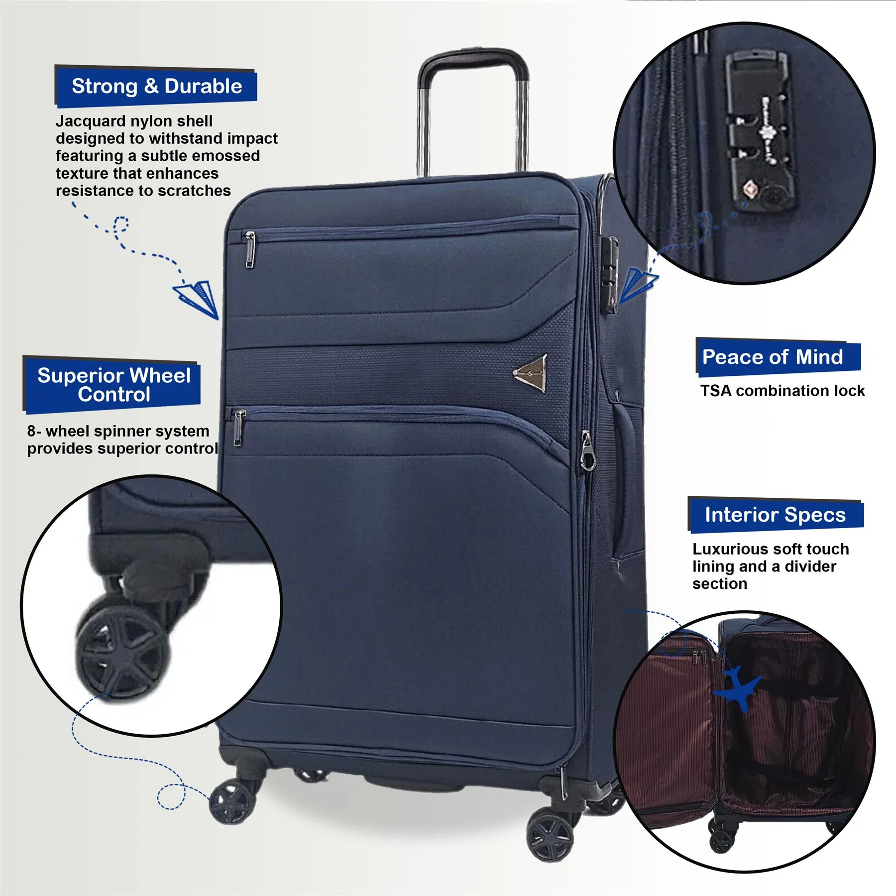 Lightweight Suitcases 8 Wheel Luggage Travel Cases Soft Holiday Bag - Image 17