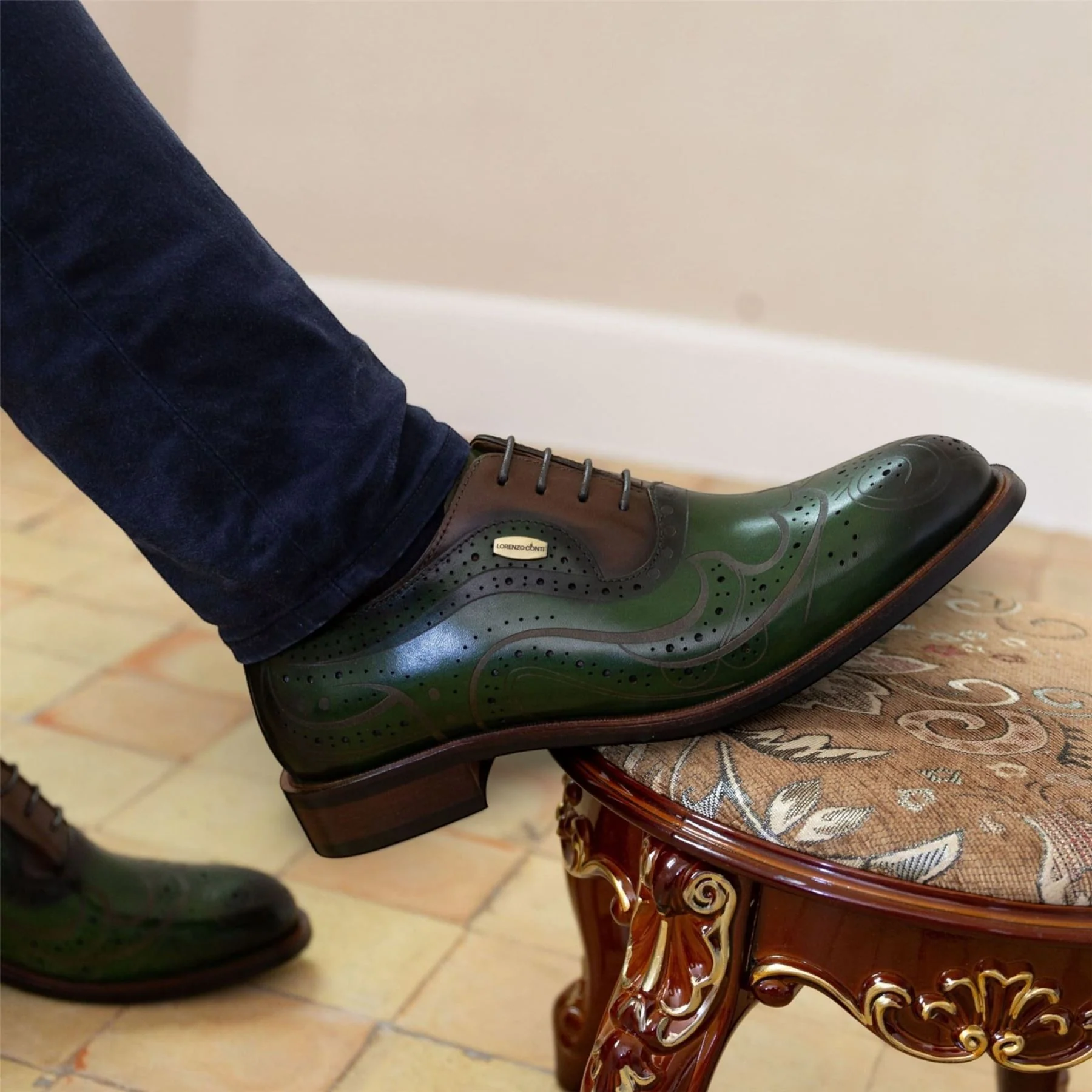 Lorenzo Conti Men's Khaki Green Leather Brogue Oxford Dress Shoes - Ayan-01 - Image 3