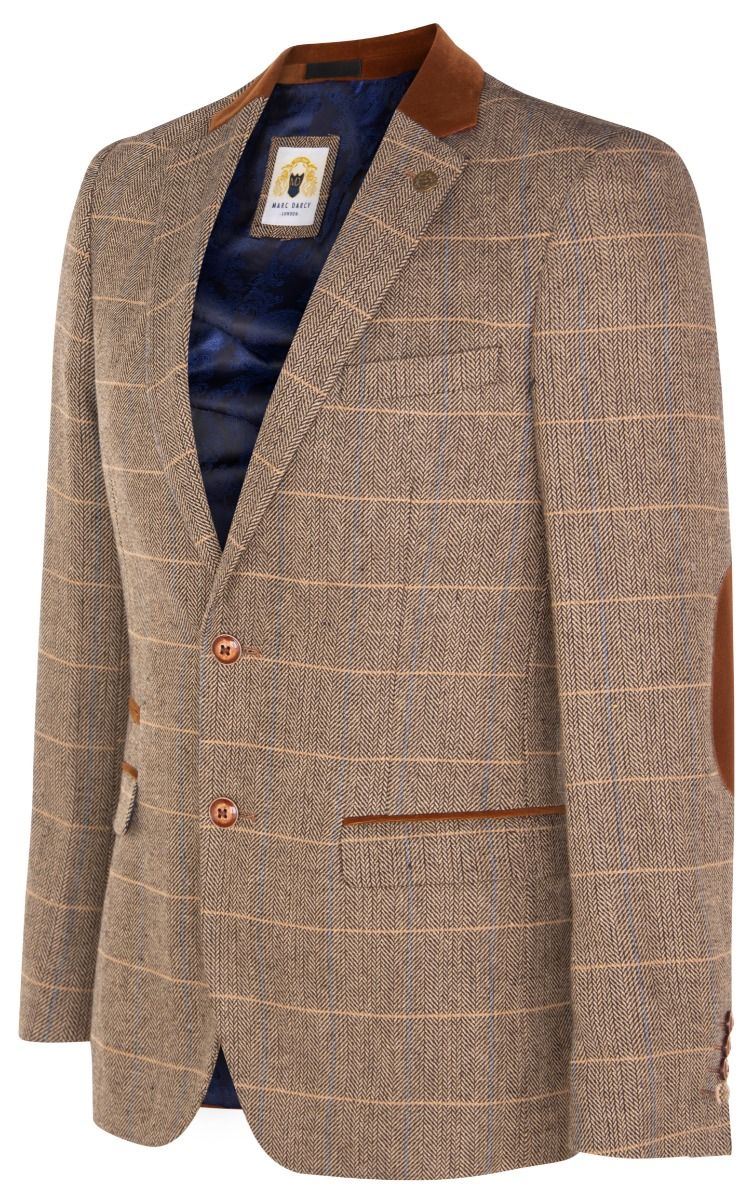 Marc Darcy Mens Tweed Blazer DX7 Tan Brown Check Herringbone Smart Formal Jacket - Image 3
