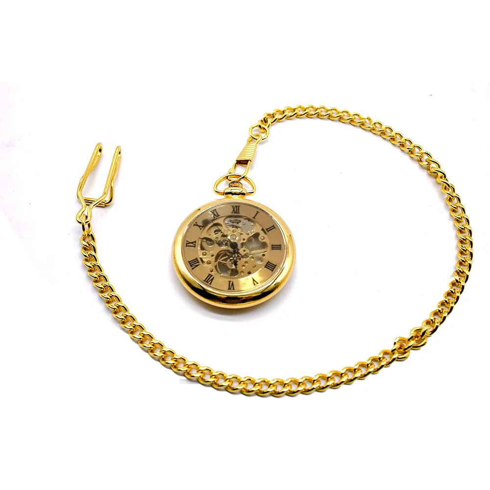 Mechanical Golden Skeleton Open-Face Chain Pocket Watch - Image 3