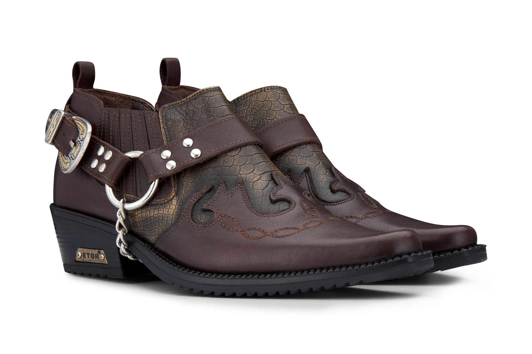 Men’S Brown Snakeskin Winklepicker Leather Biker Boots - Image 2