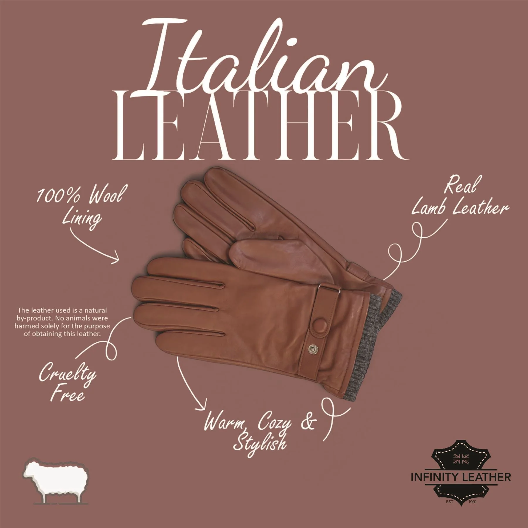 Men’s Italian Leather Warm Wool Lining Winter Knit Rib Gloves - M-LGV-105 - Image 4