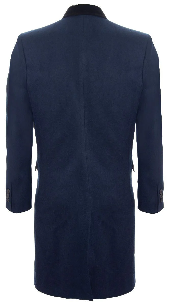 Mens 3/4 Long Double Breasted Navy Crombie Overcoat Wool Coat Peaky Blinders - Image 3