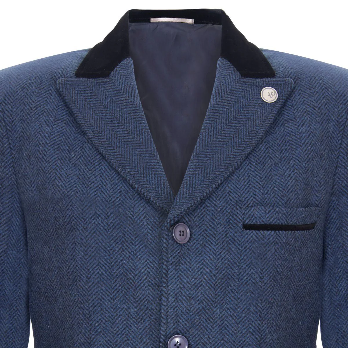 Mens 3/4 Long Navy Crombie Overcoat Jacket Herringbone Tweed Coat Peaky Blinder - Image 4