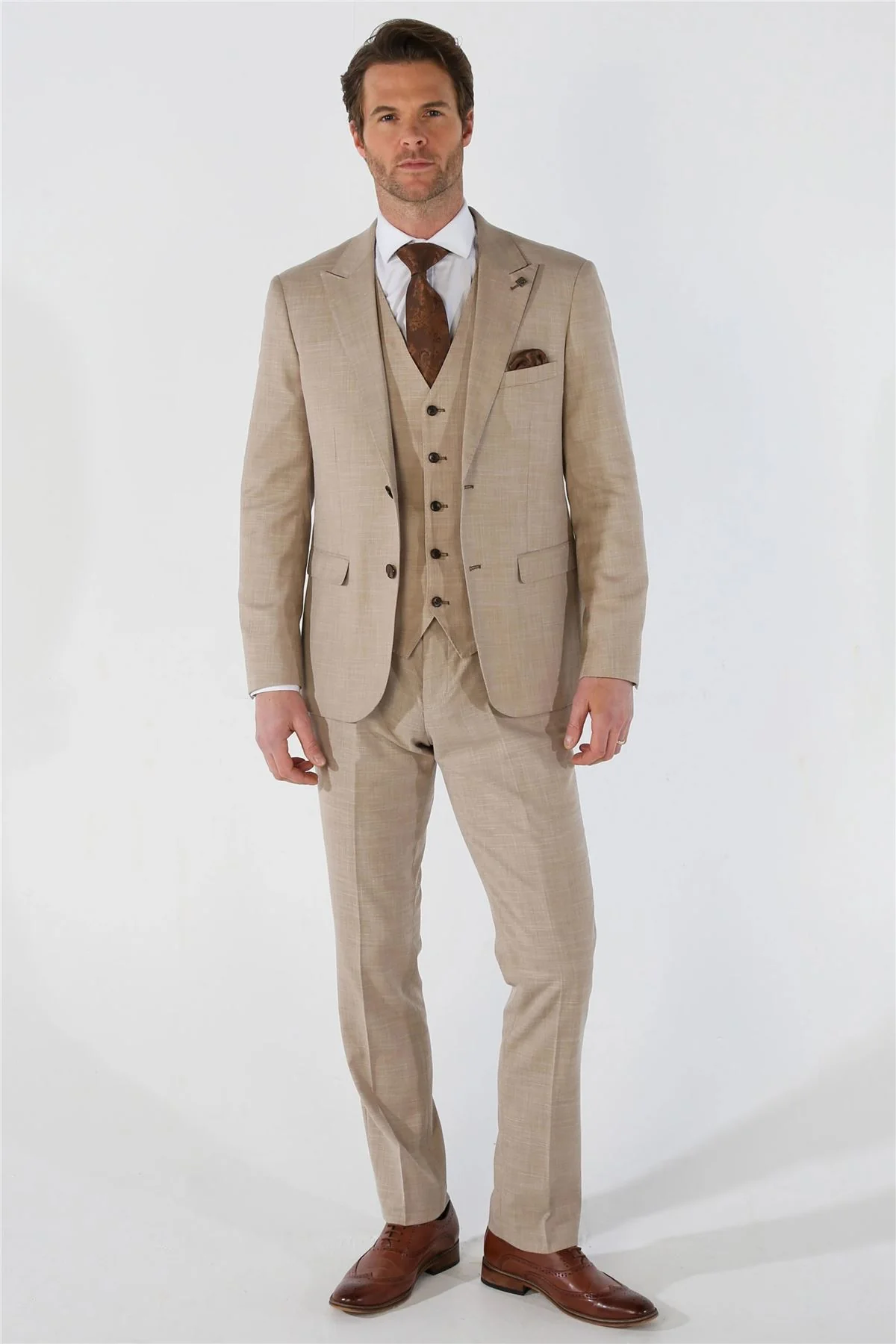 Men's 3 Piece Beige Summer Wedding Tailored Fit Suit - Image 2