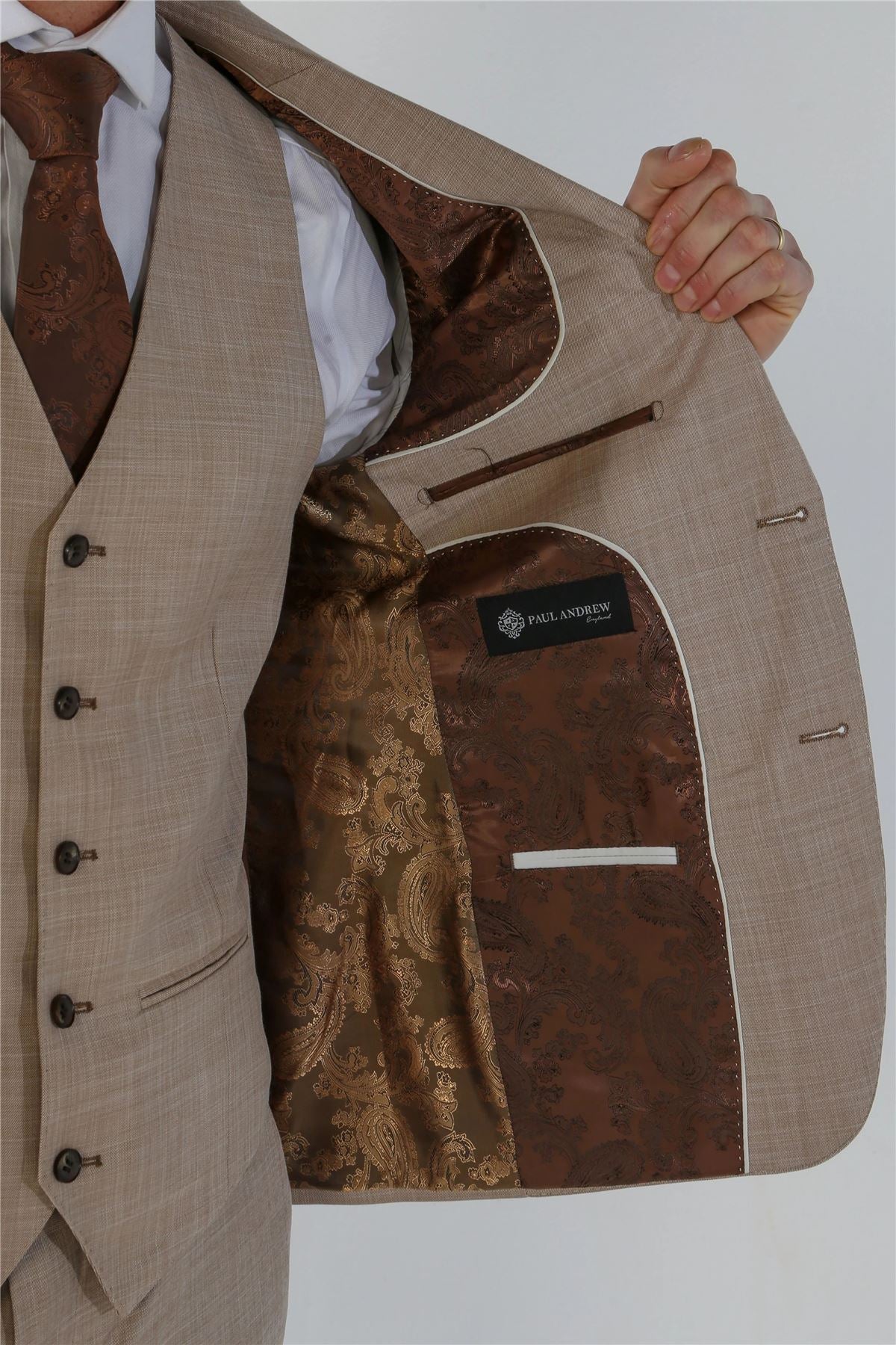 Men's 3 Piece Beige Summer Wedding Tailored Fit Suit - Image 6